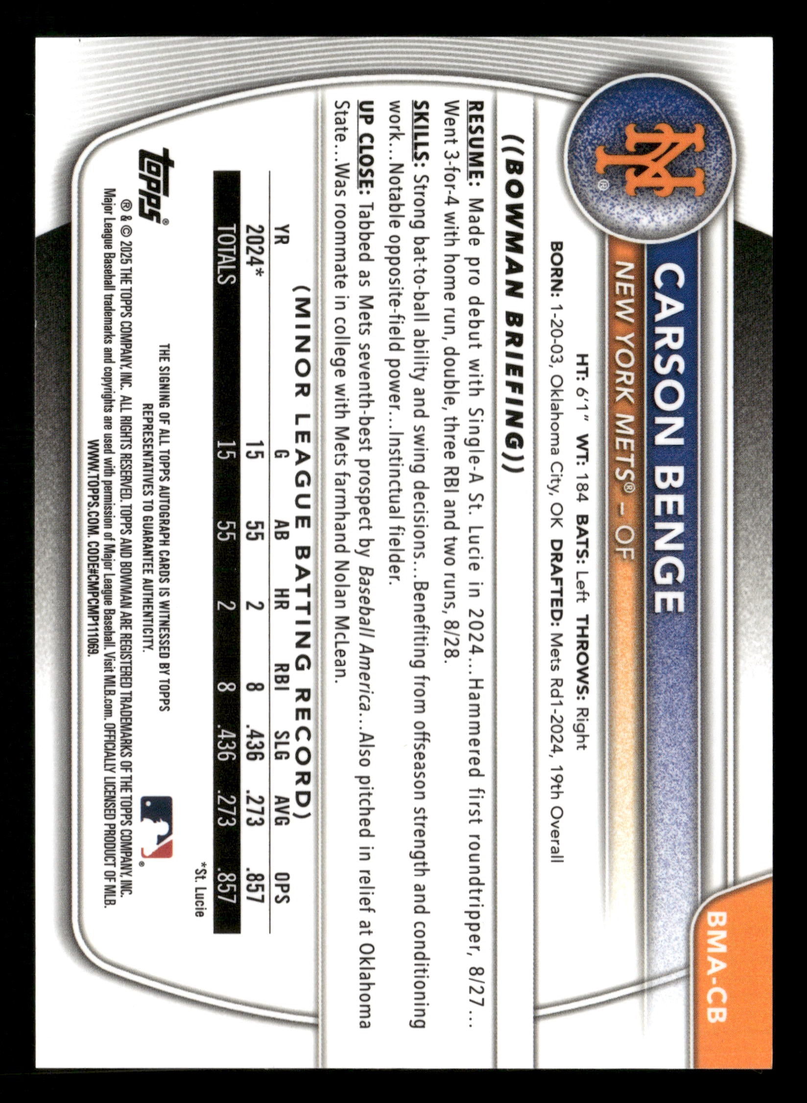 2025 Bowman Chrome #BMA-CB Carson Benge Prospect Autographs Blue Mojo #/150