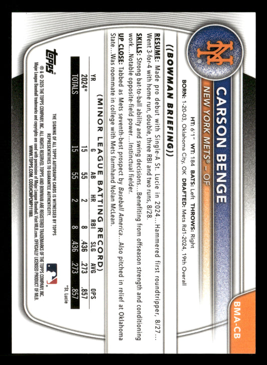 2025 Bowman Chrome #BMA-CB Carson Benge Prospect Autographs Blue Mojo #/150