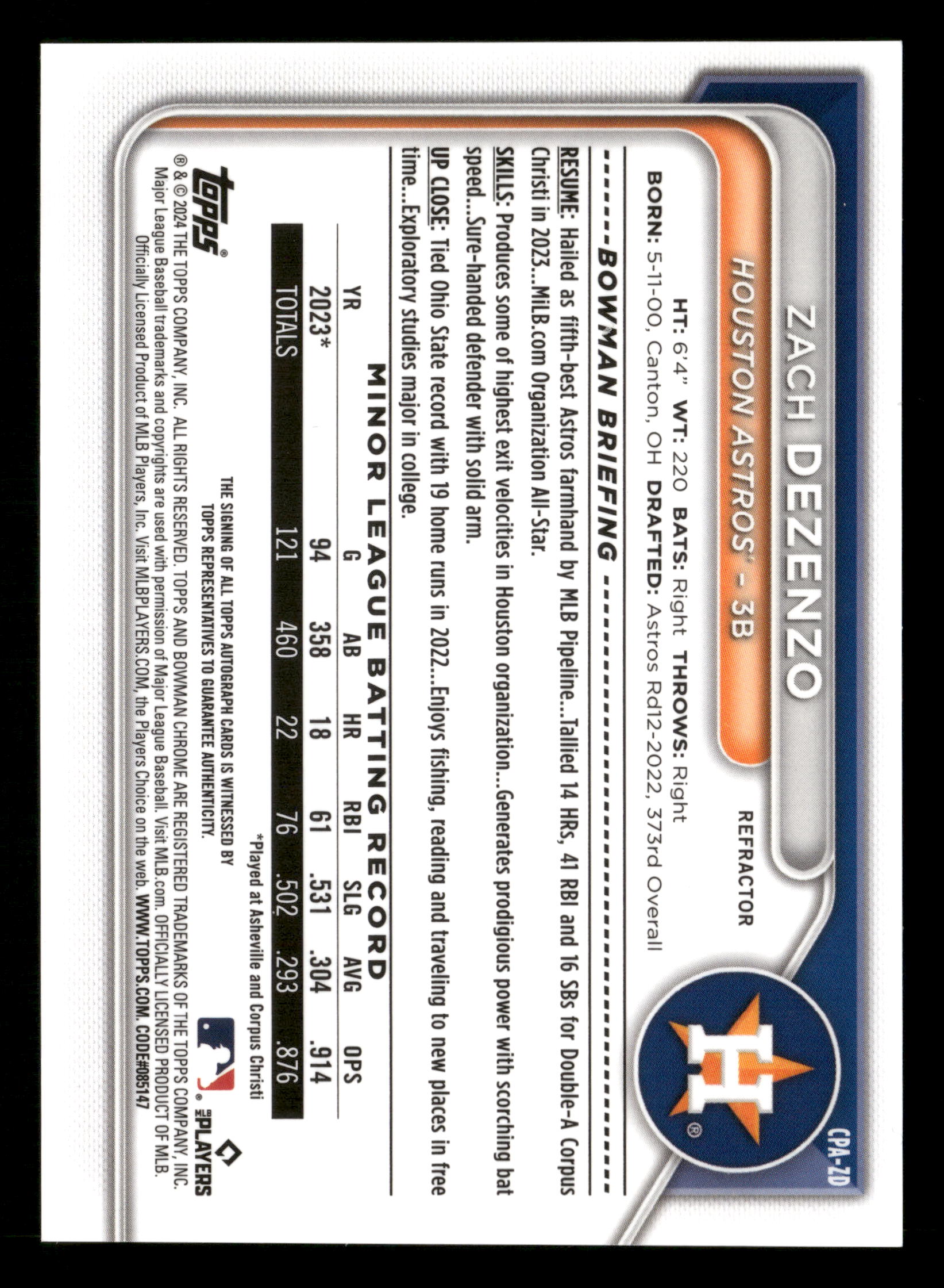 2024 Bowman Chrome #CPA-ZD Zach Dezenzo Prospect Autographs Refractors #/499