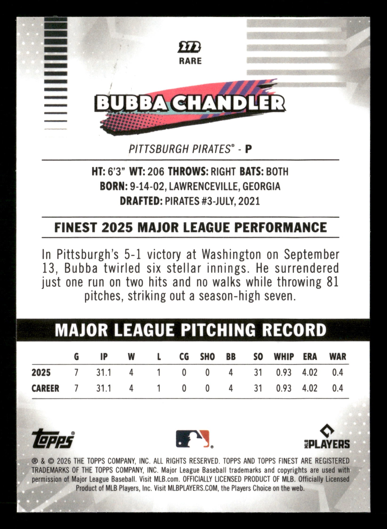 2026 Finest #272 Bubba Chandler Green Refractors #/99