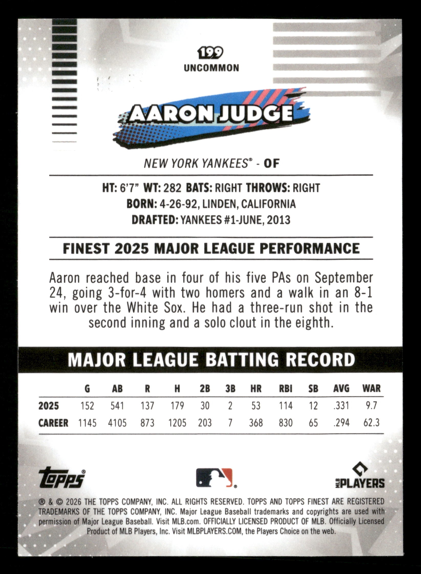 2026 Finest #199 Aaron Judge Aqua Refractors #/199
