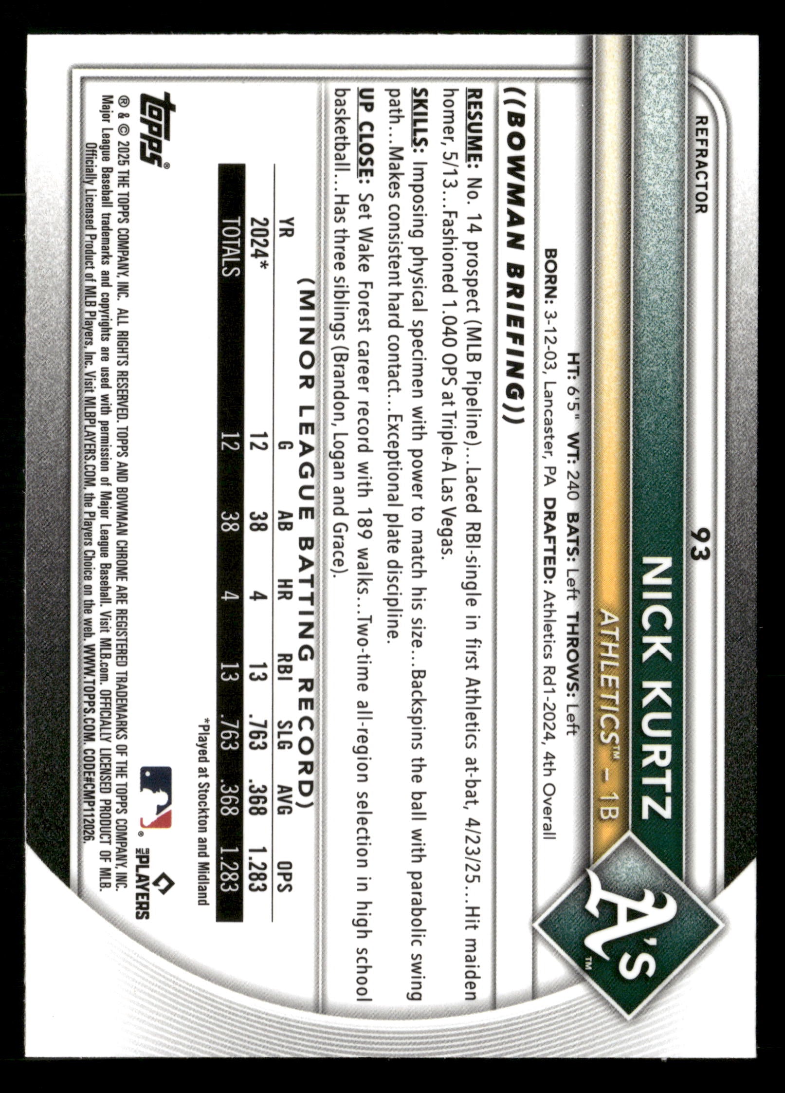 2025 Bowman Chrome #93 Nick Kurtz RC Refractor #/499