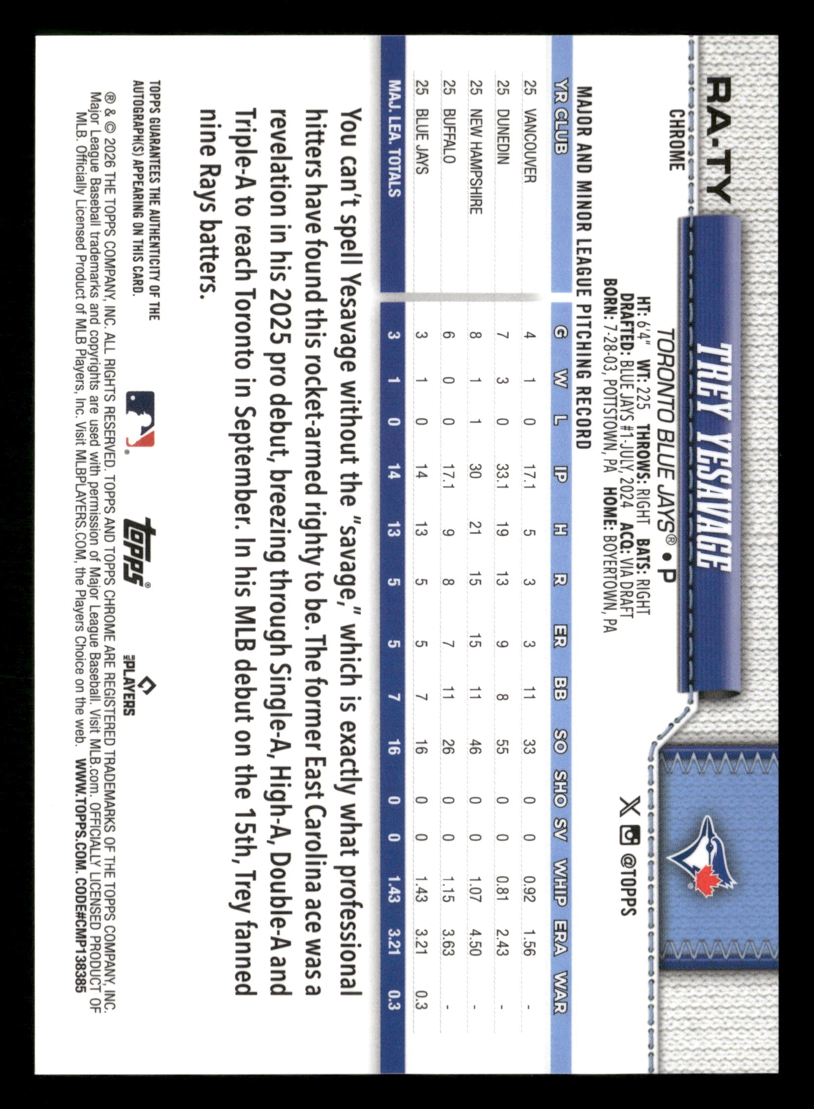 2026 Topps Chrome #RA-TY Trey Yesavage Rookie Autographs