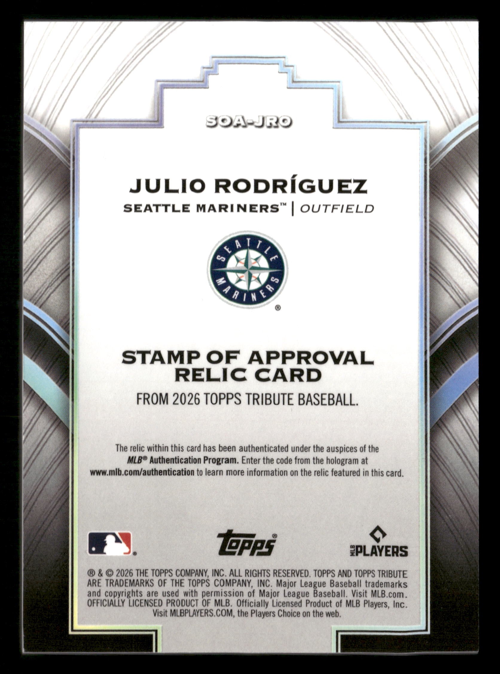 2026 Topps Tribute #SOA-JRO Julio Rodríguez Stamp Of Approval Relics Green #/99