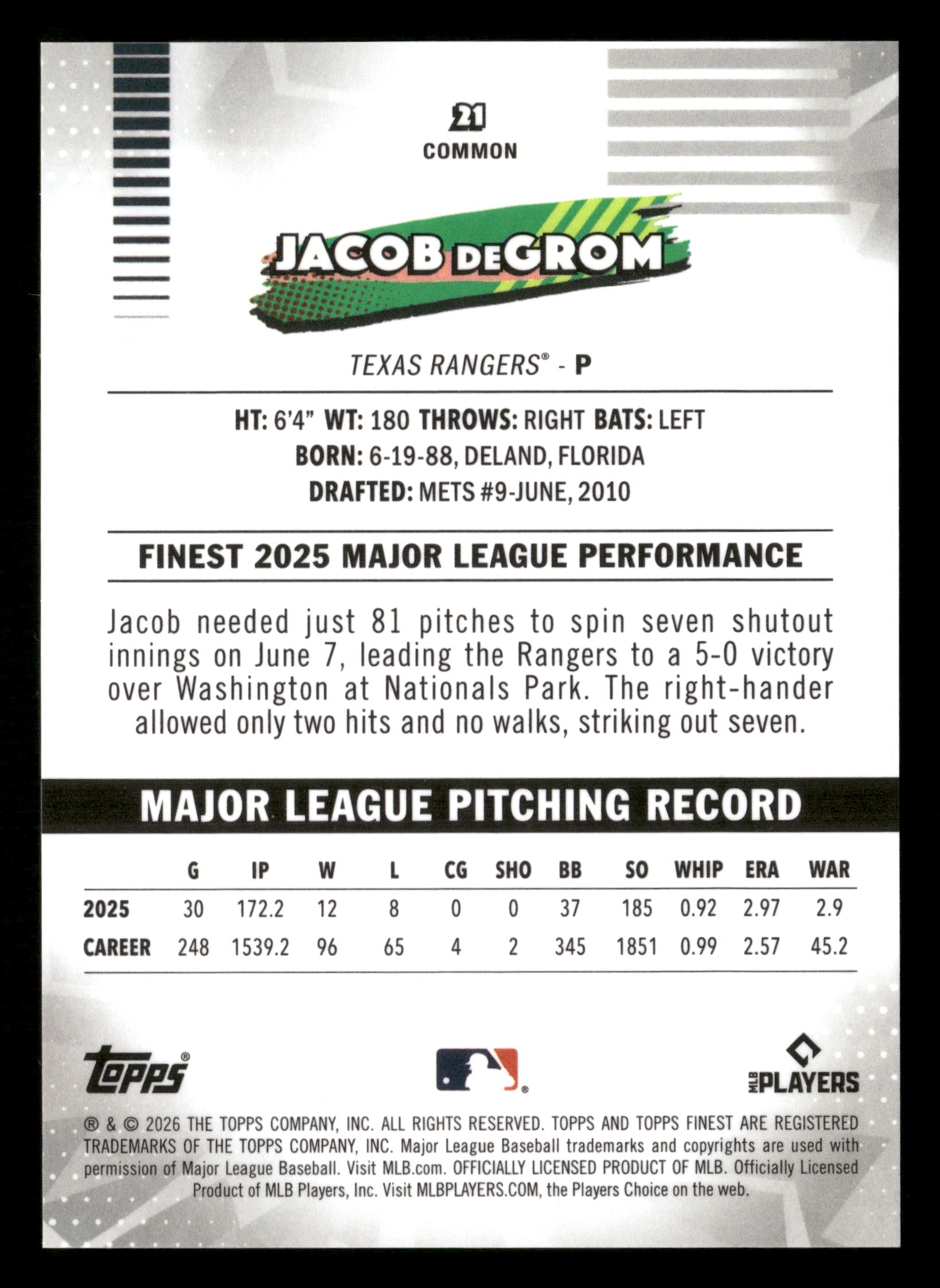 2026 Finest #21 Jacob deGrom Blue Refractors #/150
