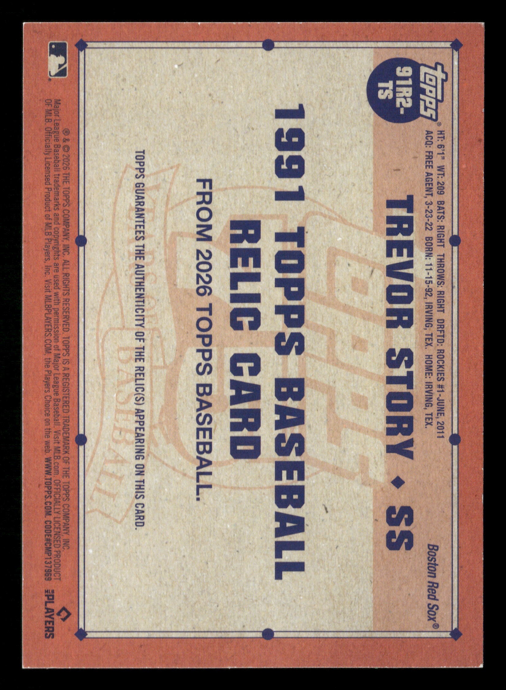 2026 Topps #91R2-TS Trevor Story 1991 35th Anniversary Relics Blue #/150