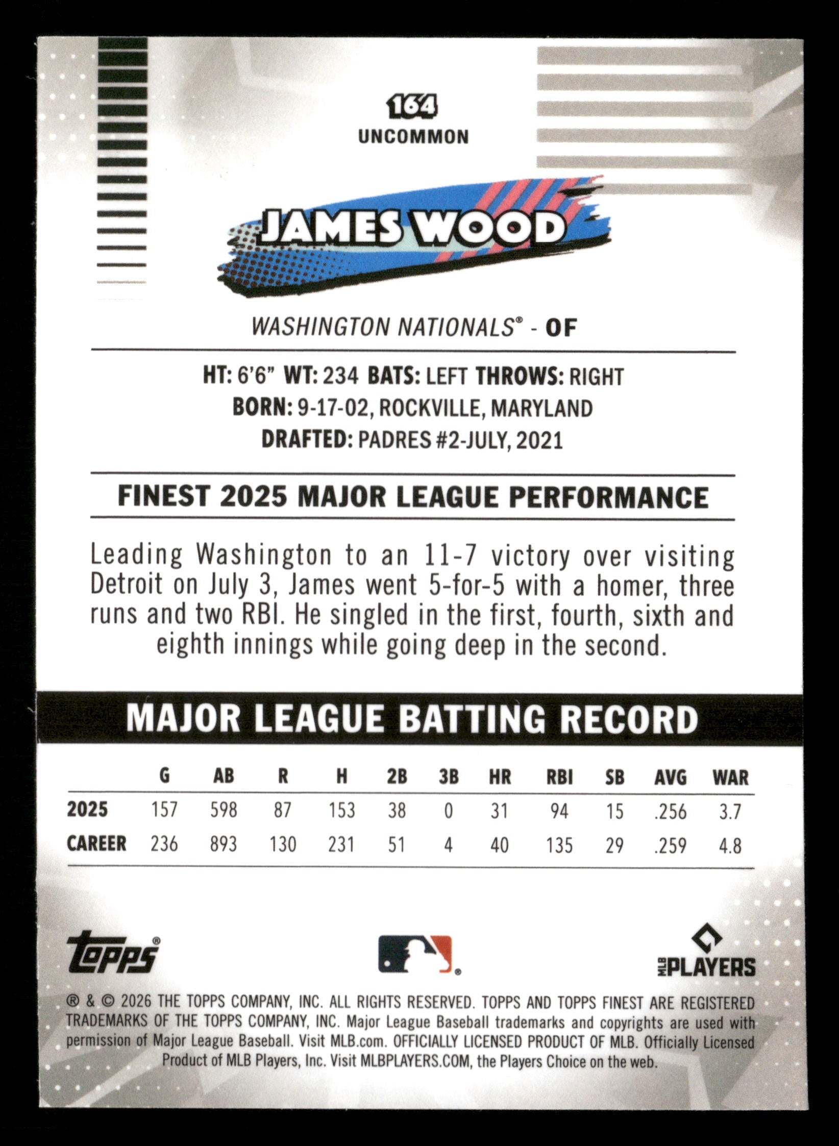 2026 Finest #164 James Wood Blue Refractors #/150
