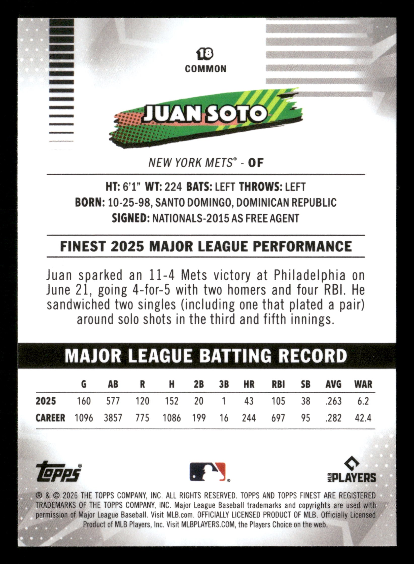 2026 Finest #18 Juan Soto Green Refractors #/99