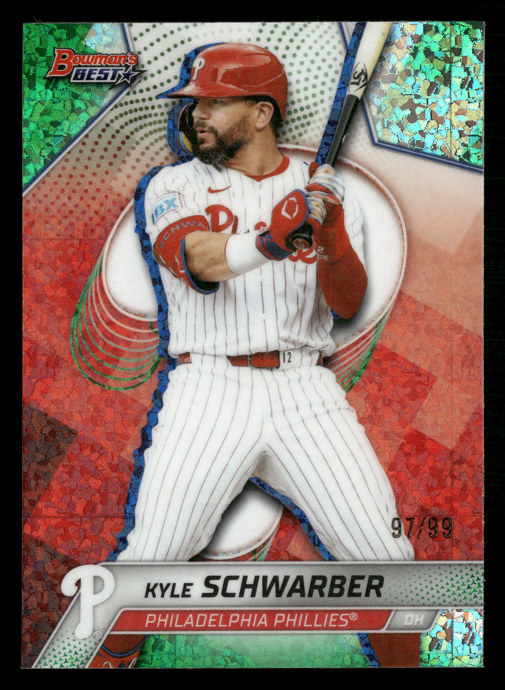 2025 Bowman's Best #56 Kyle Schwarber Green Mini-Diamond Refractors #/99