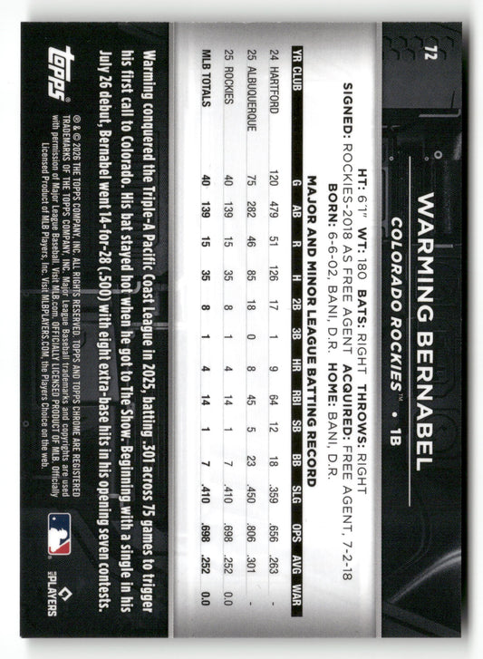 2026 Topps Chrome Black #72 Warming Bernabel Green Refractors #/99