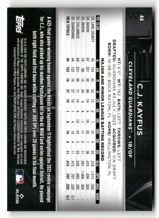 2026 Topps Chrome Black #44 C.J. Kayfus Blue Refractors #/150
