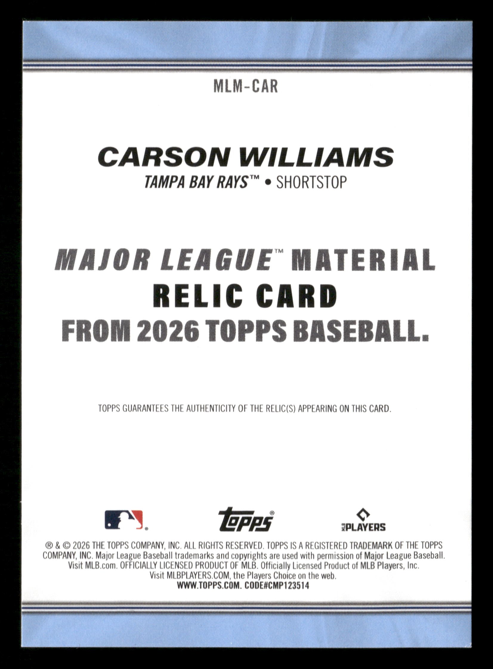 2026 Topps #MLM-CAR Carson Williams Major League Materials Relics (Series One)