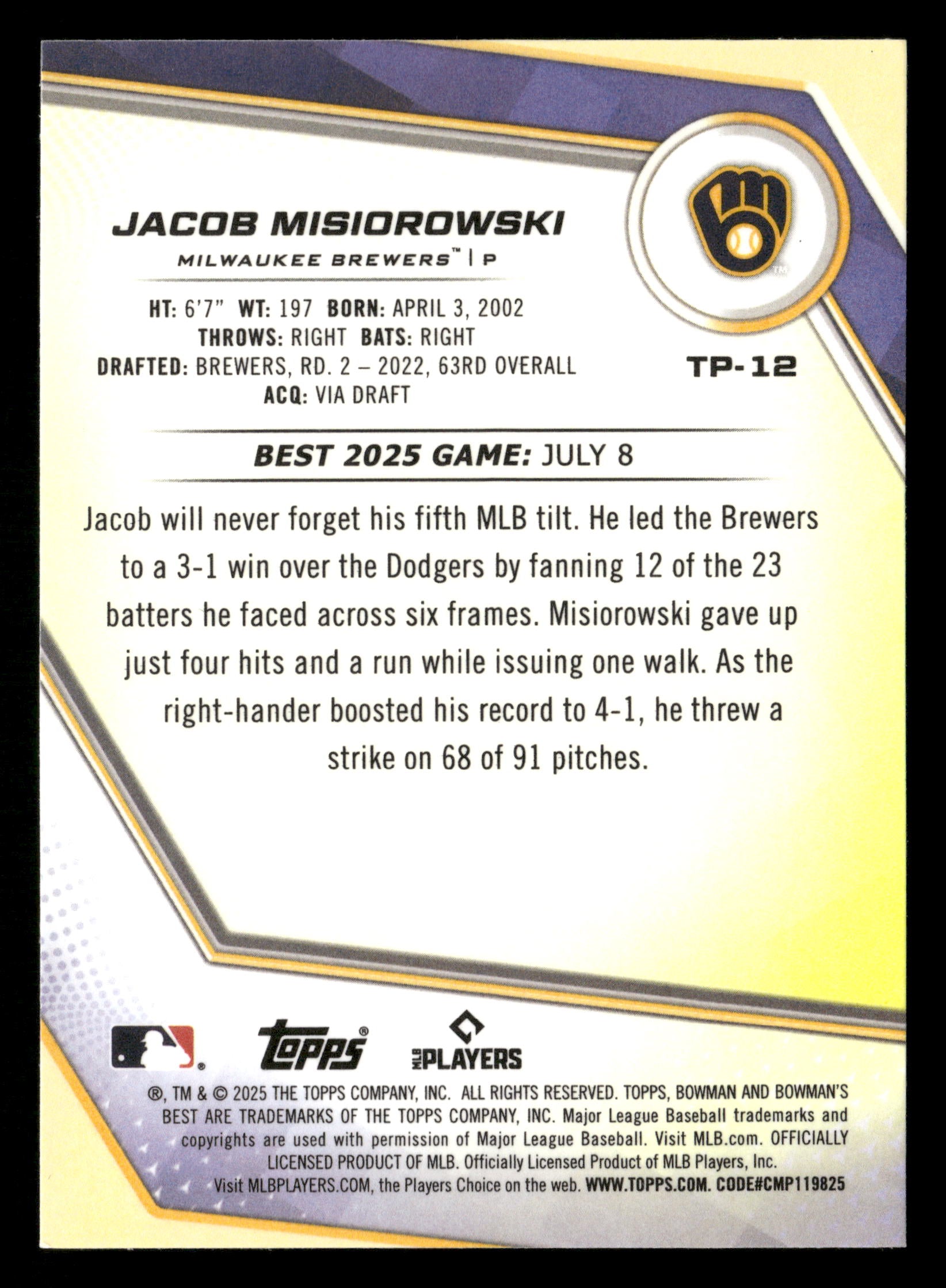 2025 Bowman's Best #TP-12 Jacob Misiorowski Blue Refractors #/150