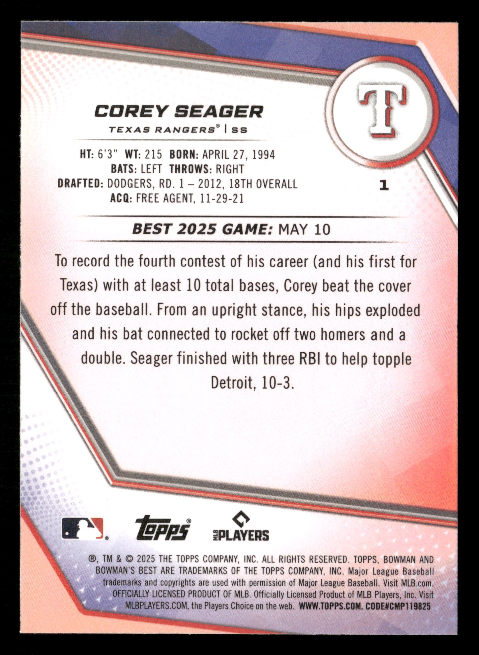 2025 Bowman's Best #1 Corey Seager Green Mini-Diamond Refractors #/99