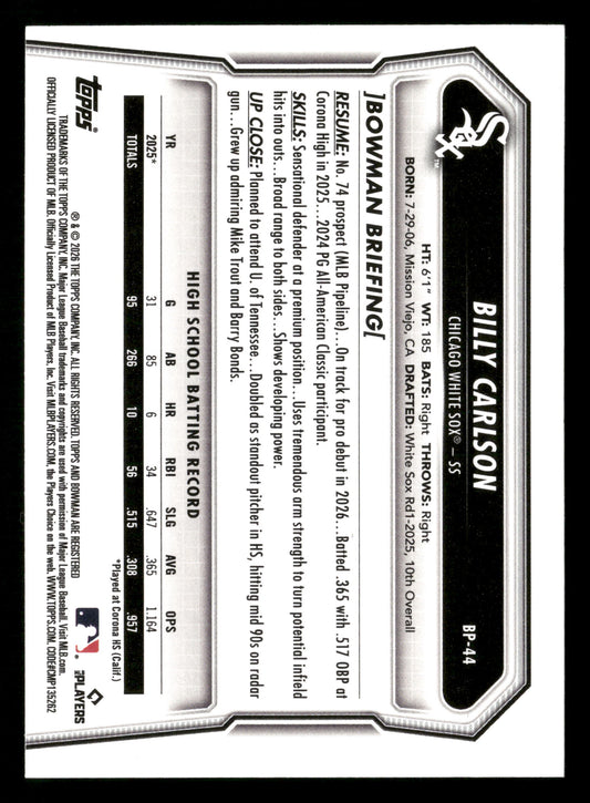 2026 Bowman #BP-44 Billy Carlson Prospects Blue #/150