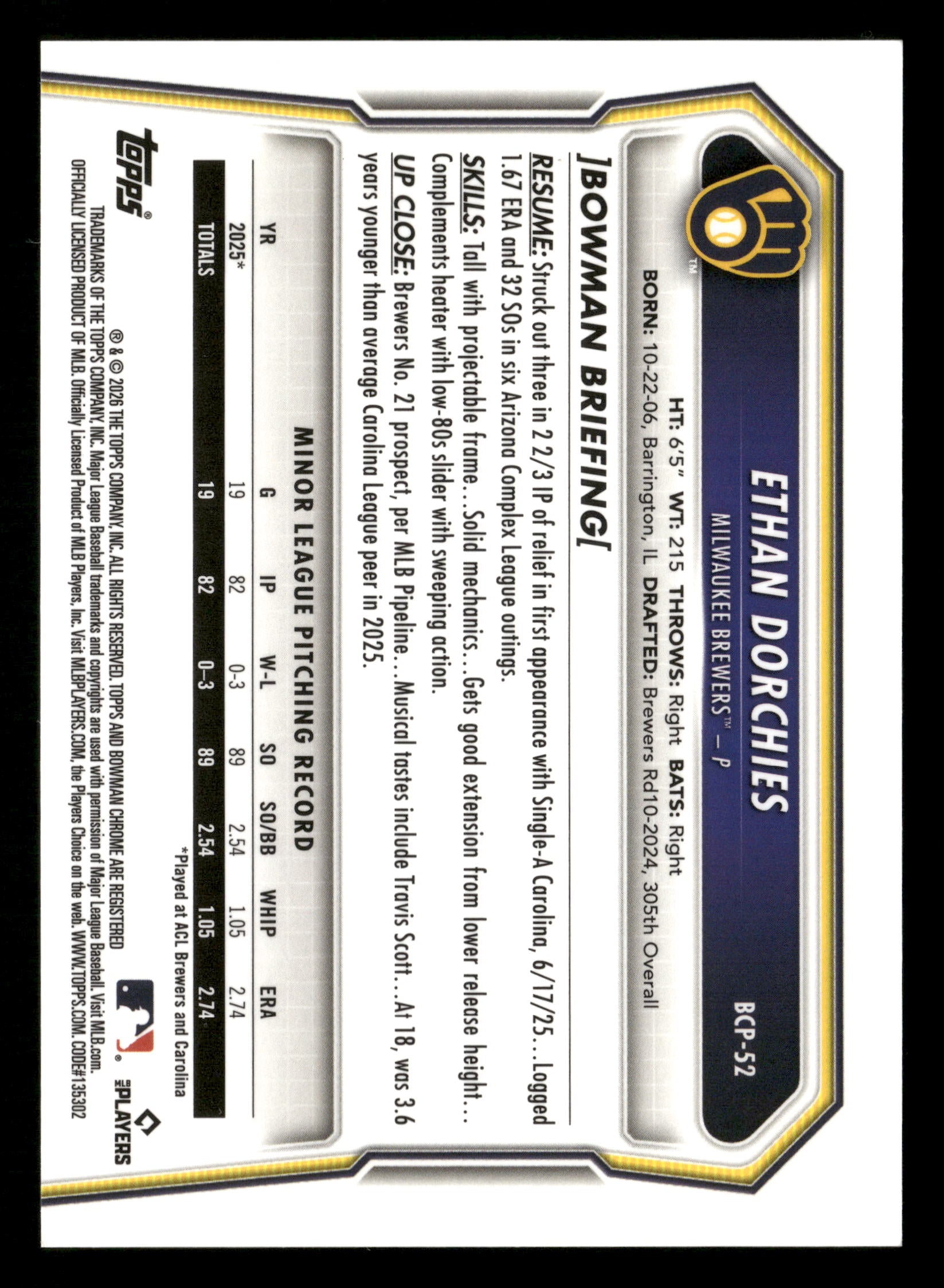 2026 Bowman #BCP-52 Ethan Dorchies Chrome Prospects Aqua X-Fractor #/125