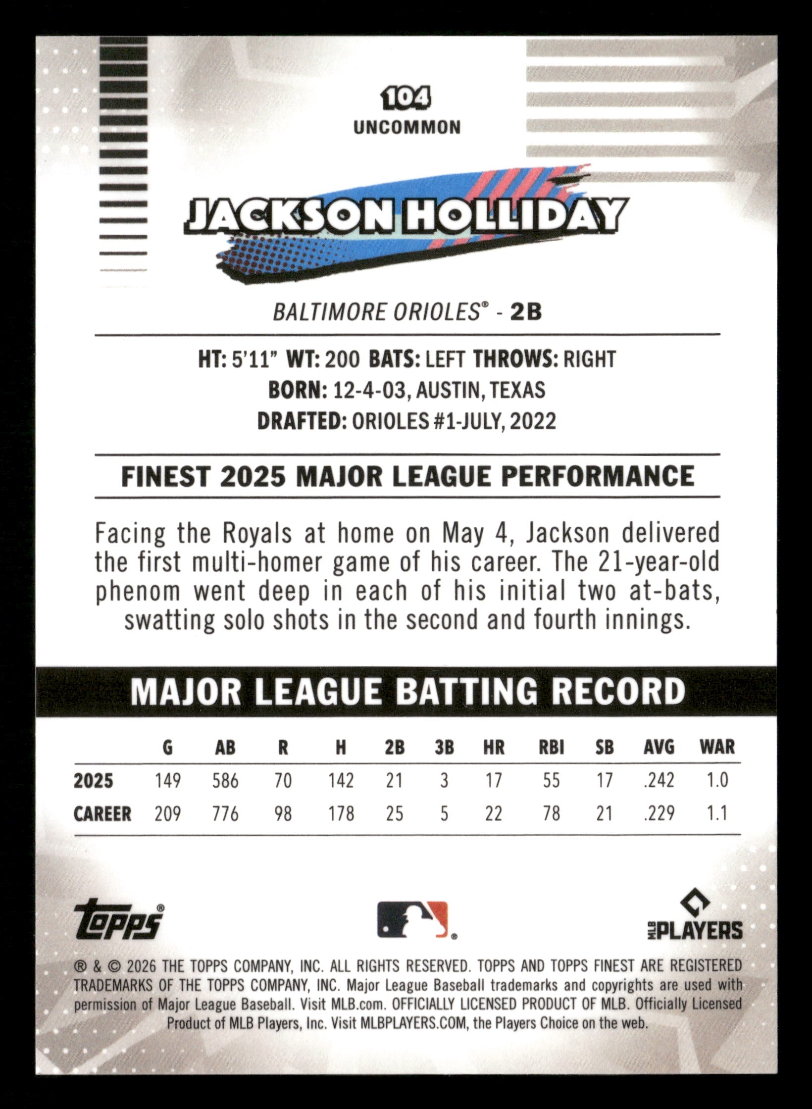 2026 Finest #104 Jackson Holliday Purple Refractors #/75