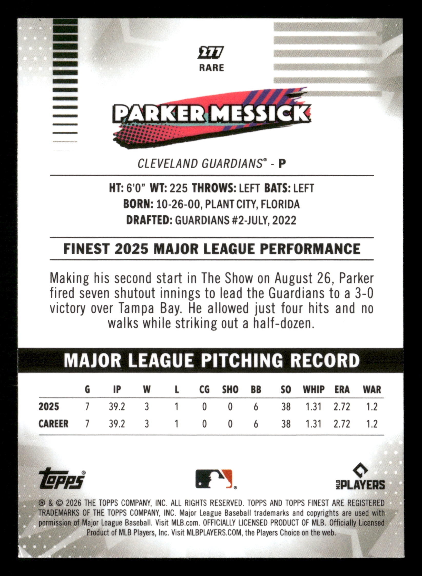 2026 Finest #277 Parker Messick Blue Mini-Diamond Refractors #/150