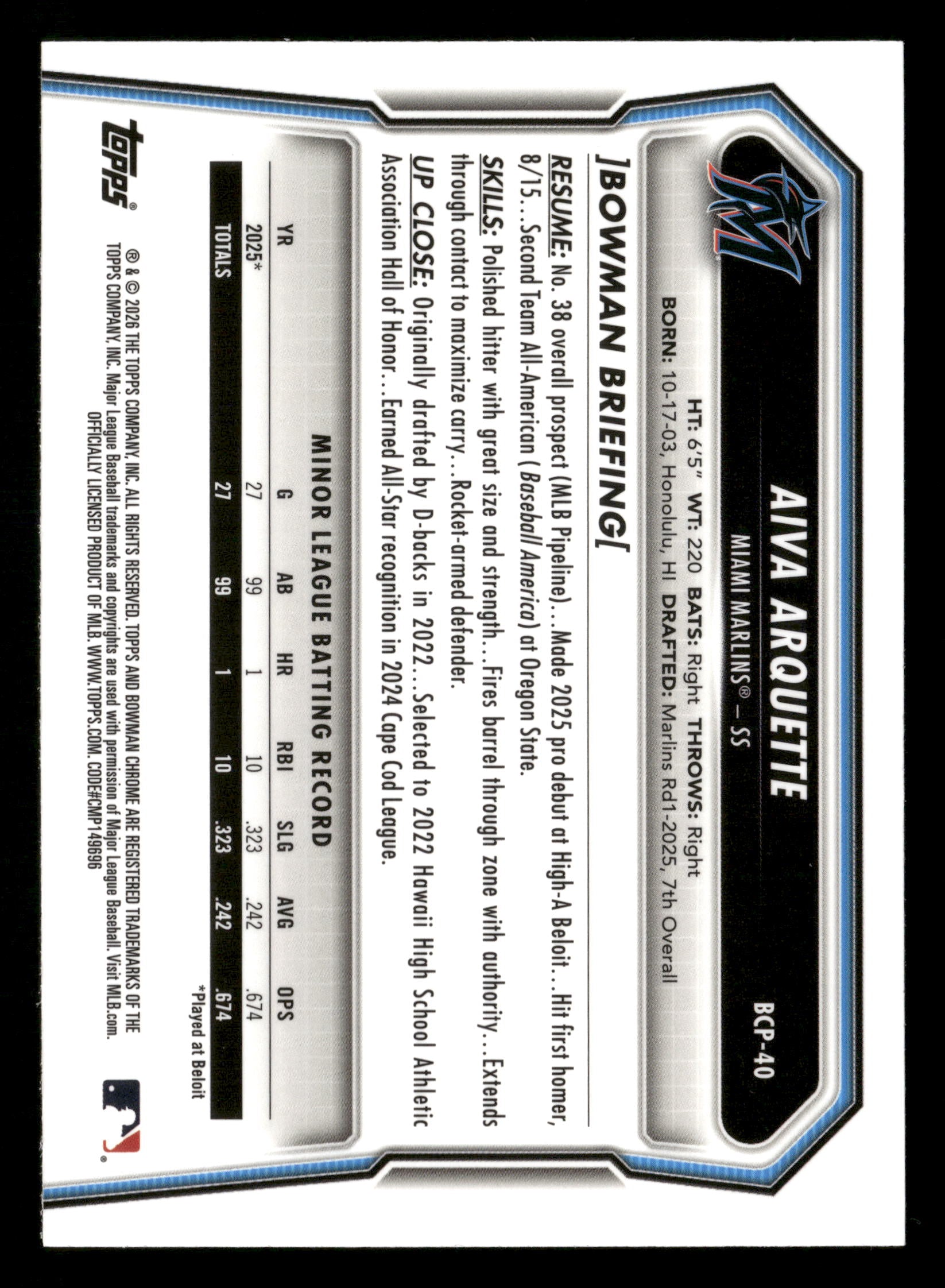 2026 Bowman #BCP-40 Aiva Arquette Purple Geometric Refractor #/250