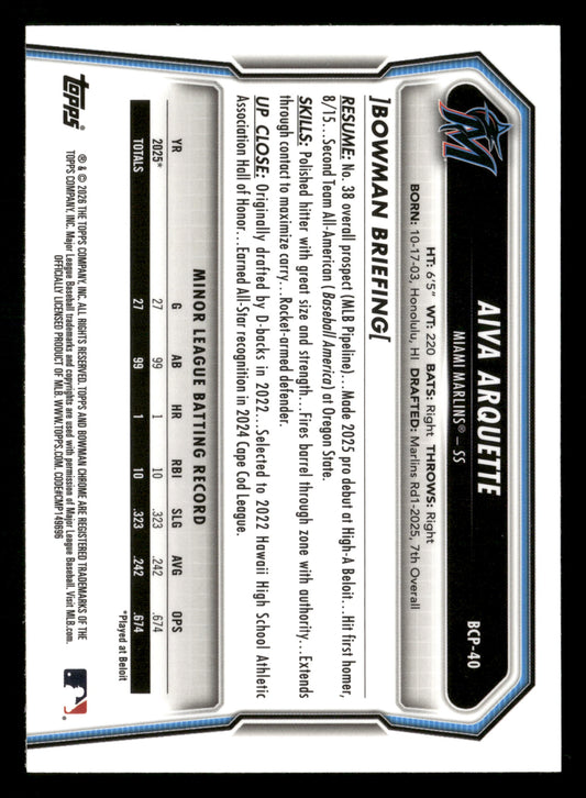 2026 Bowman #BCP-40 Aiva Arquette Purple Geometric Refractor #/250