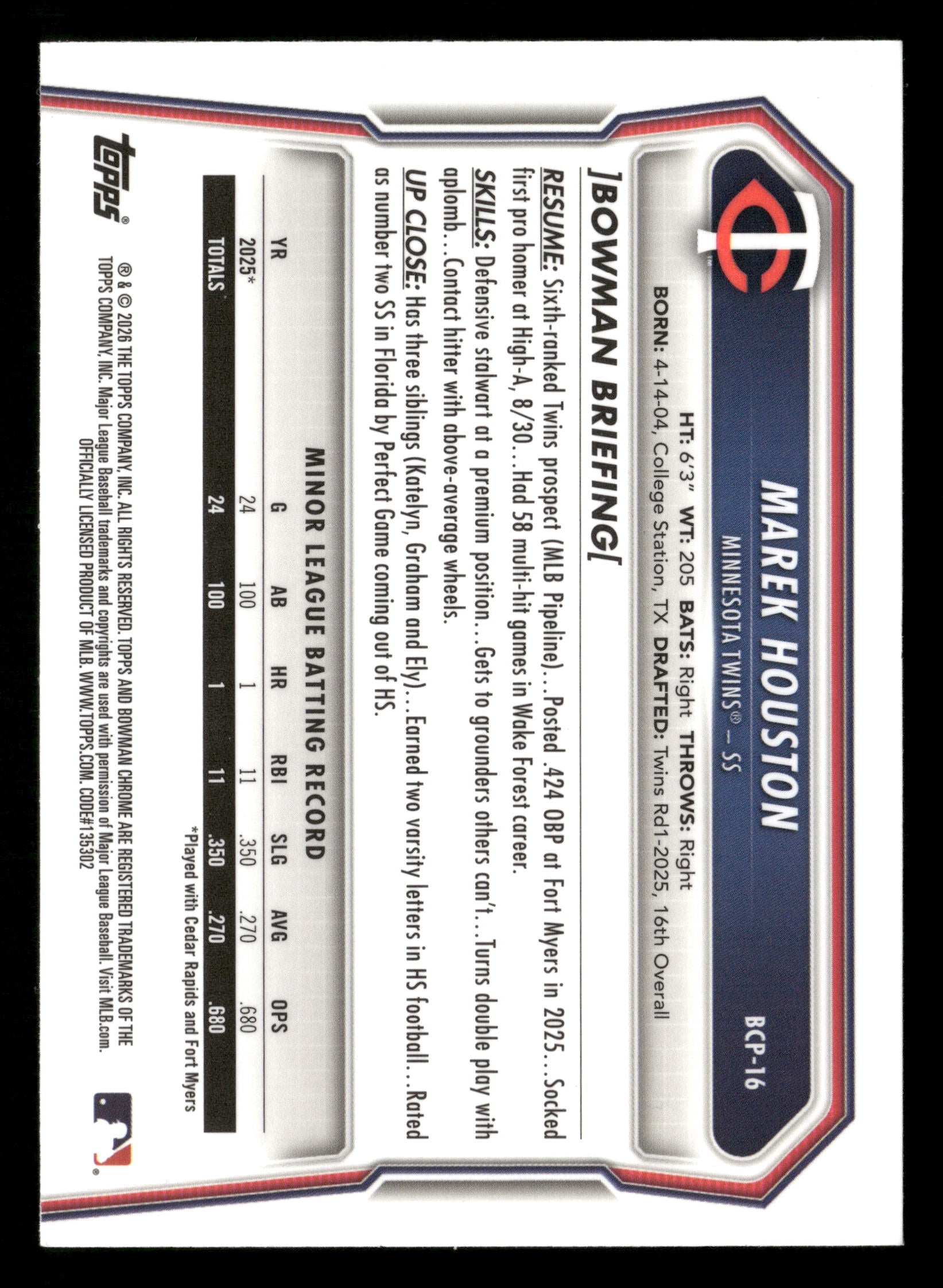 2026 Bowman #BCP-16 Marek Houston Chrome Prospects Green Refractor #/99