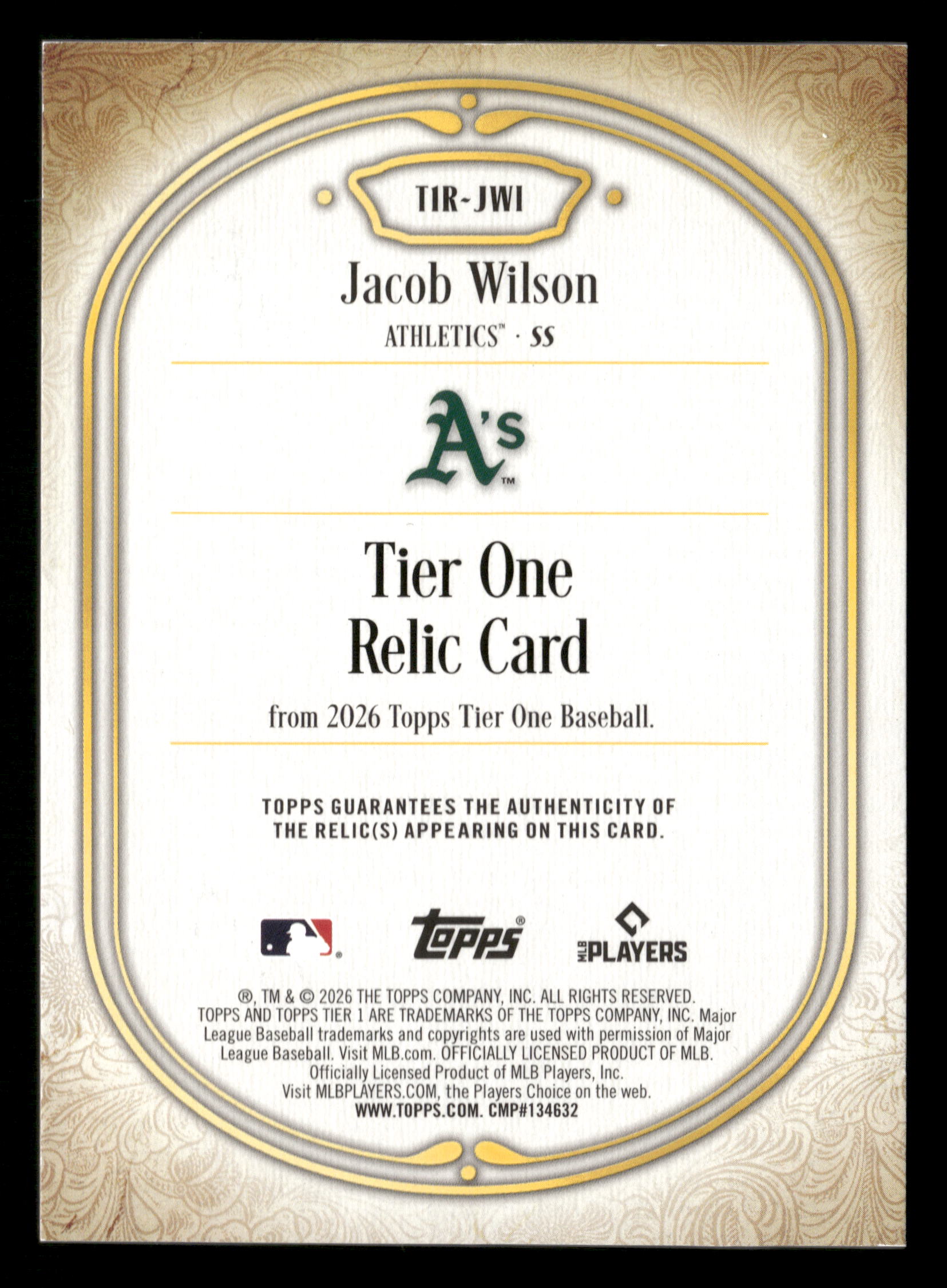 2026 Topps Tier One #T1R-JWI Jacob Wilson Tier One Relics #/199