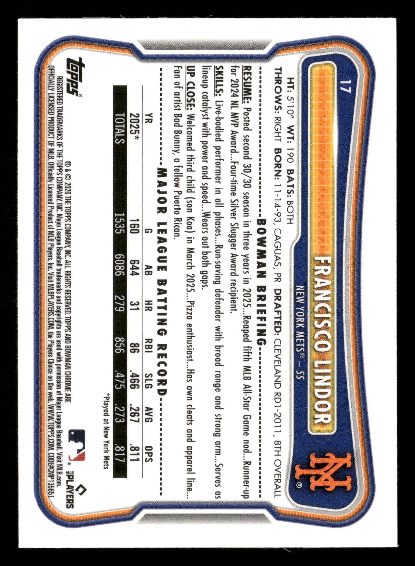 2026 Bowman #17 Francisco Lindor Chrome Mojo Blue Refractors #/150