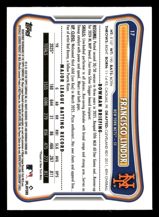 2026 Bowman #17 Francisco Lindor Chrome Mojo Blue Refractors #/150