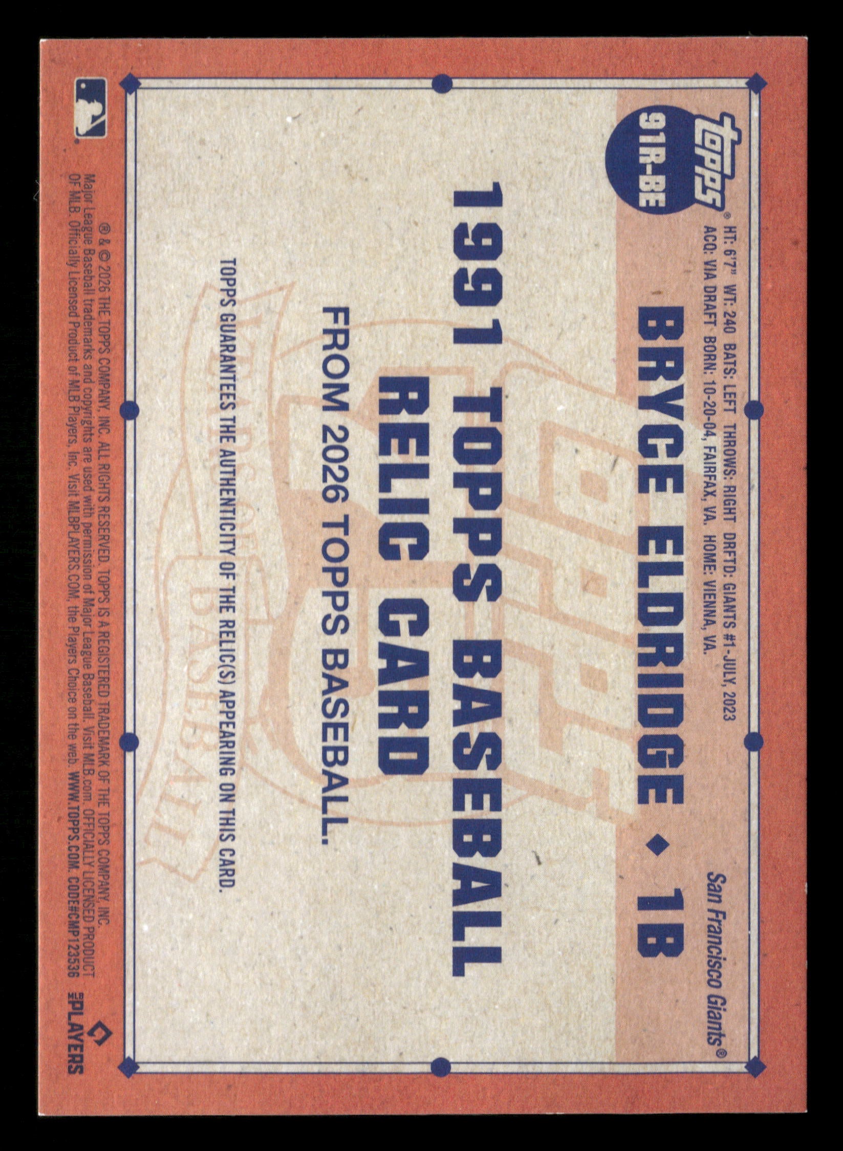 2026 Topps #91R-BE Bryce Eldridge 1991 35th Anniversary Relics Green #/99
