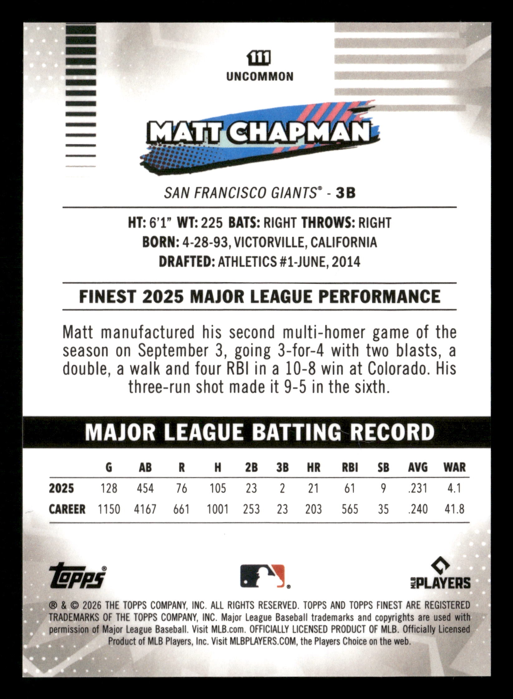 2026 Finest #111 Matt Chapman Green X-Fractors #/99