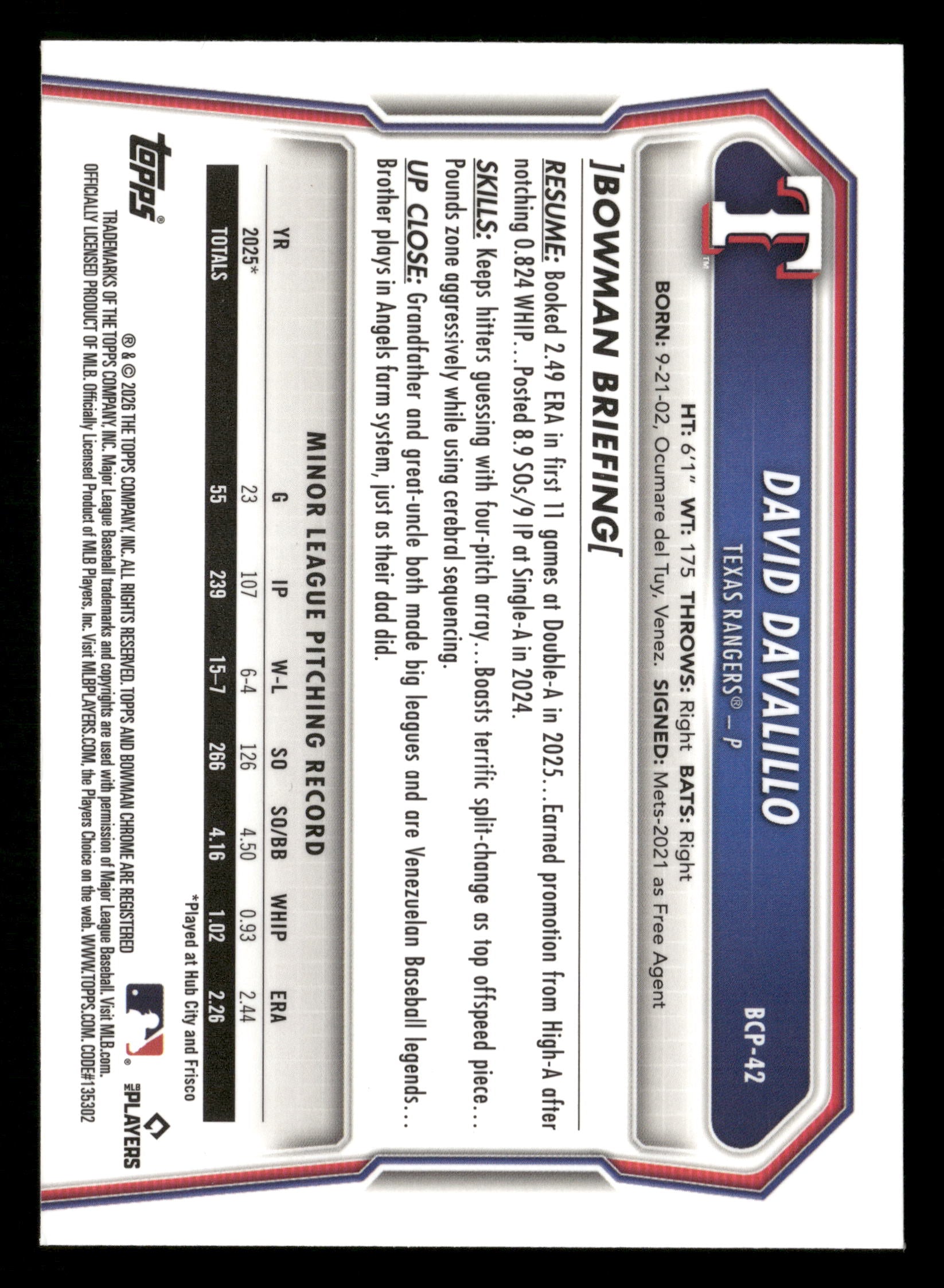 2026 Bowman #BCP-42 David Davalillo Chrome Prospects Aqua X-Fractor #/125