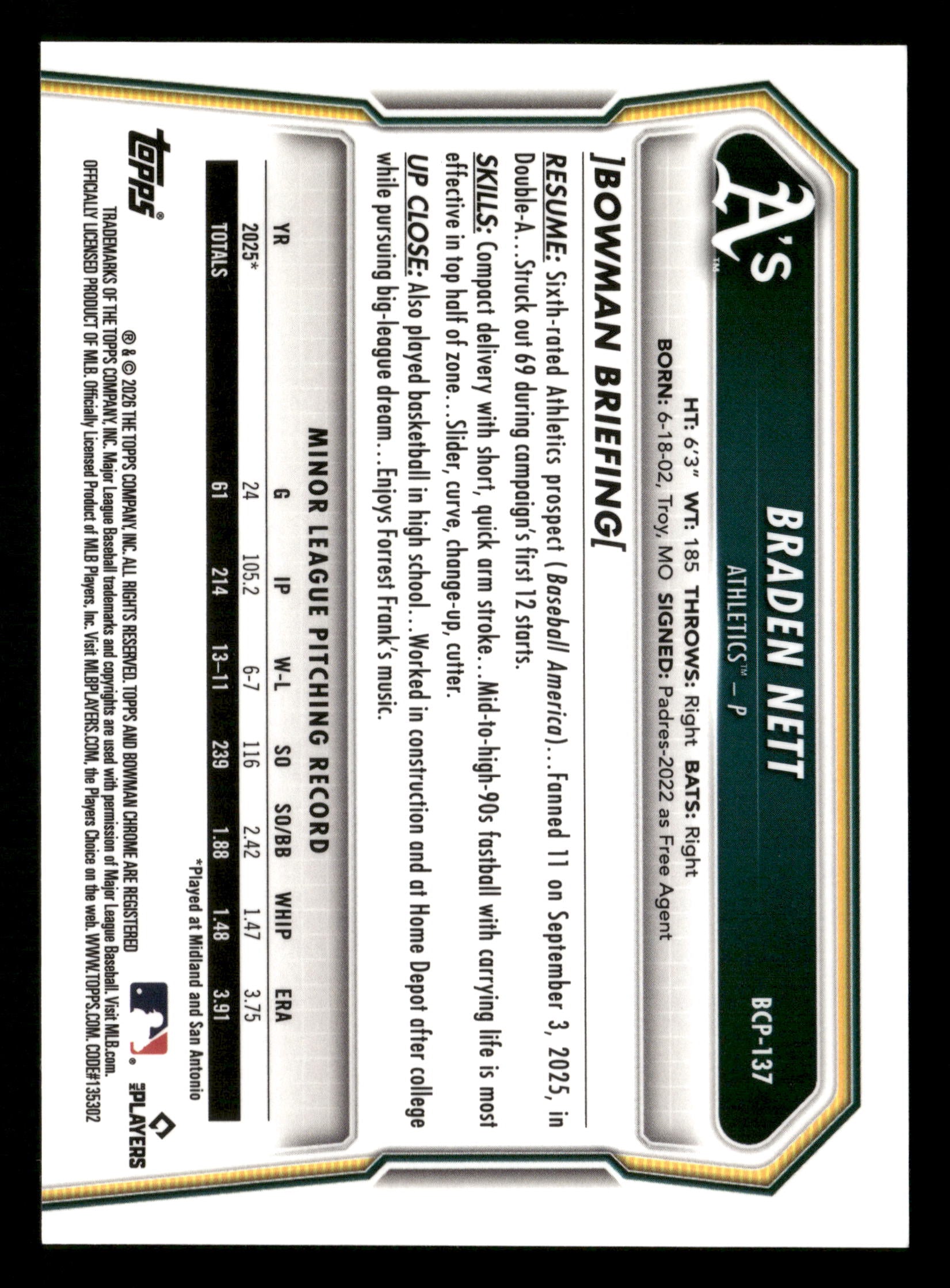 2026 Bowman #BCP-137 Braden Nett Chrome Prospects Aqua Shimmer Refractor #/125