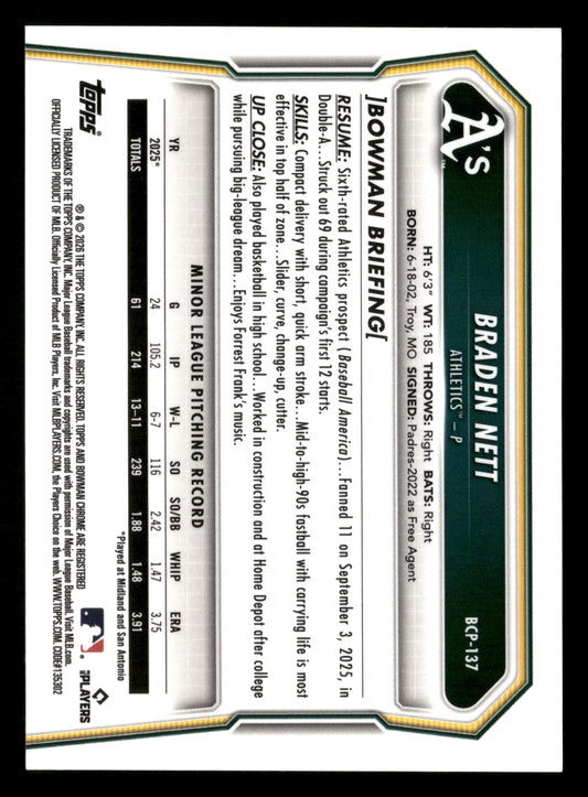 2026 Bowman #BCP-137 Braden Nett Chrome Prospects Aqua Shimmer Refractor #/125