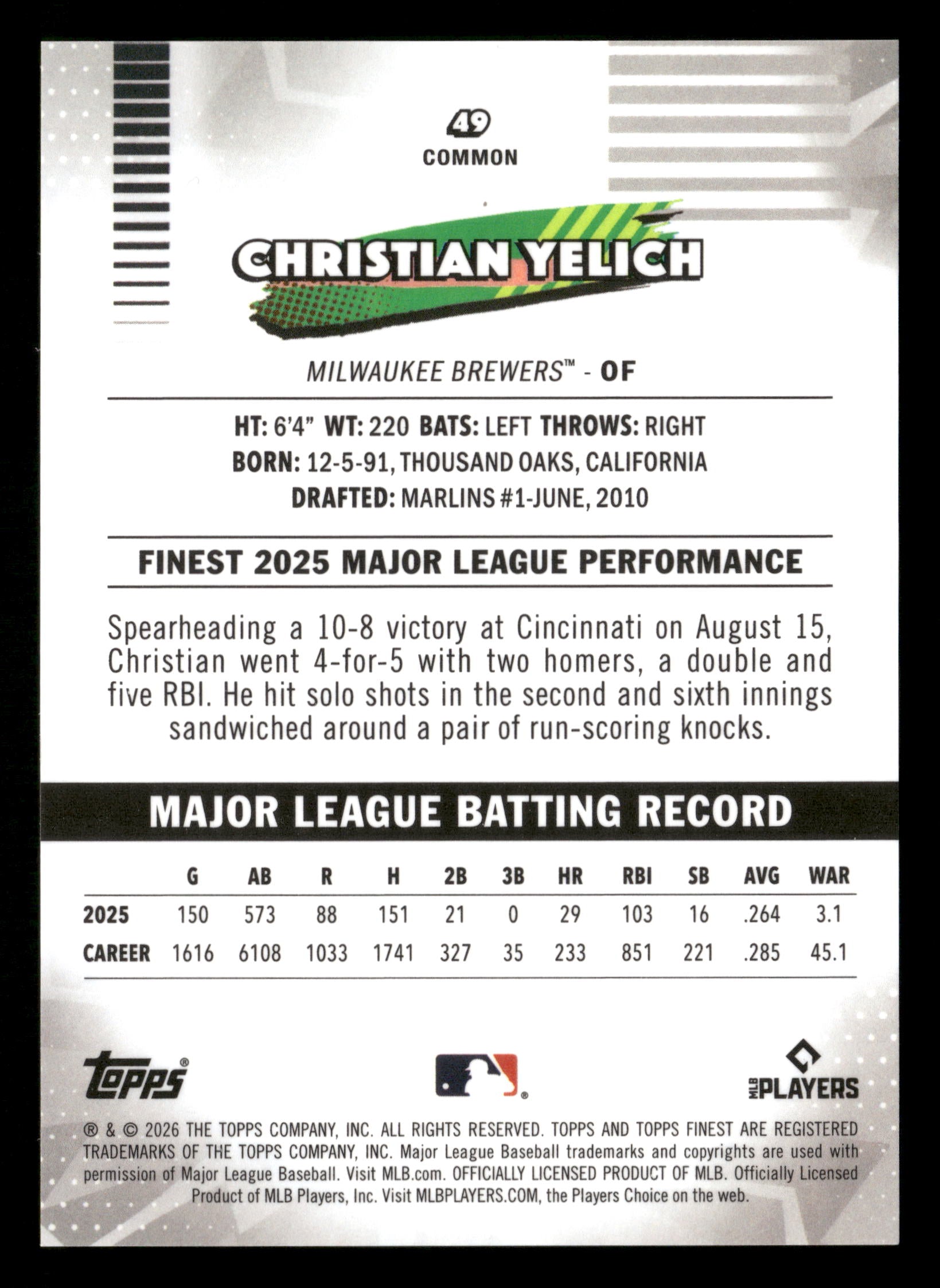 2026 Finest #49 Christian Yelich Blue Refractors #/150