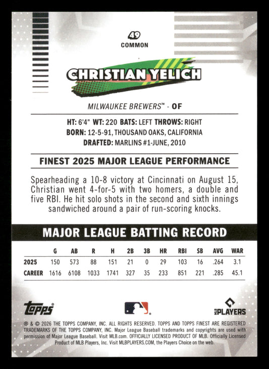 2026 Finest #49 Christian Yelich Blue Refractors #/150