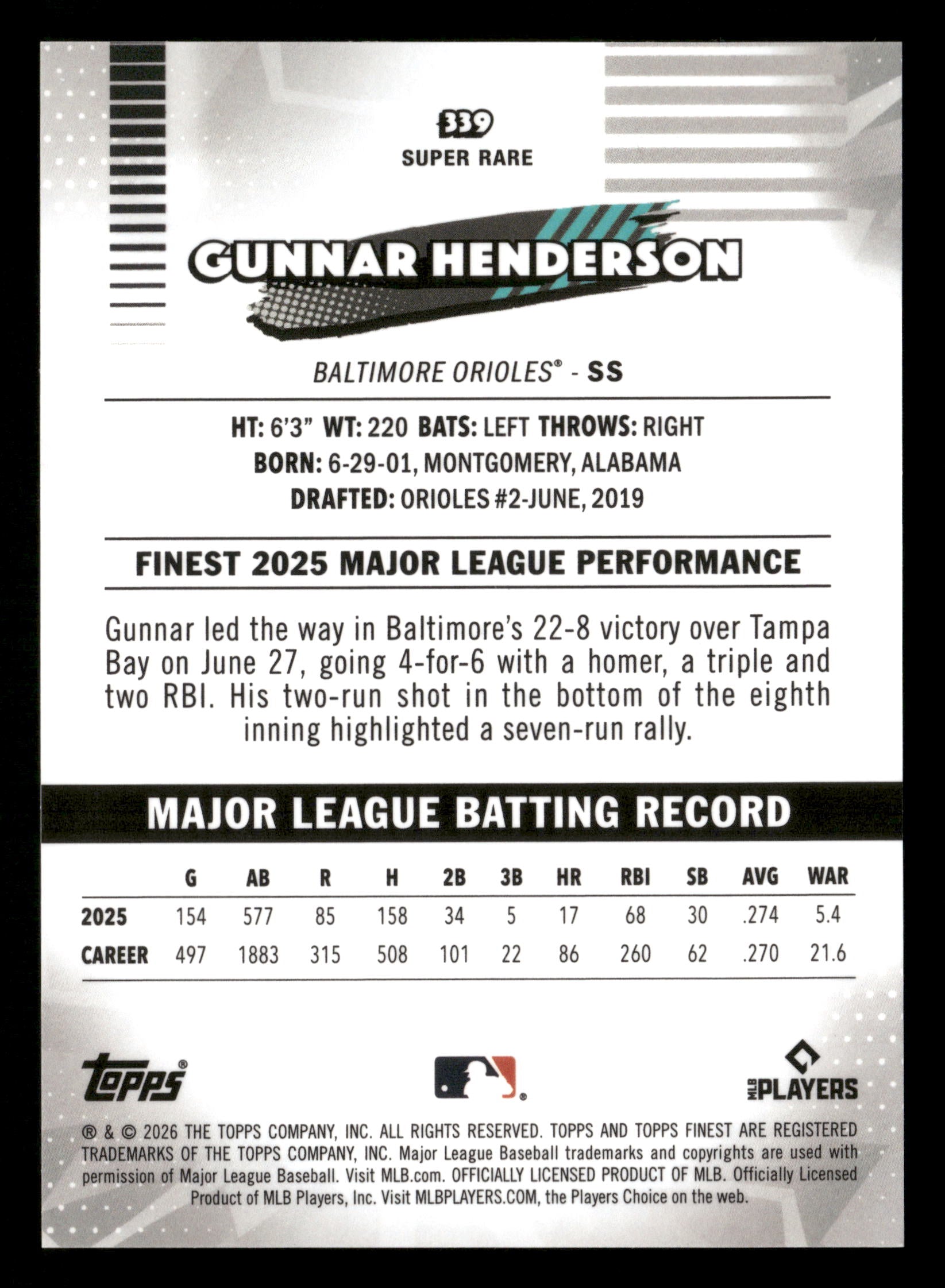 2026 Finest #339 Gunnar Henderson Super Rare