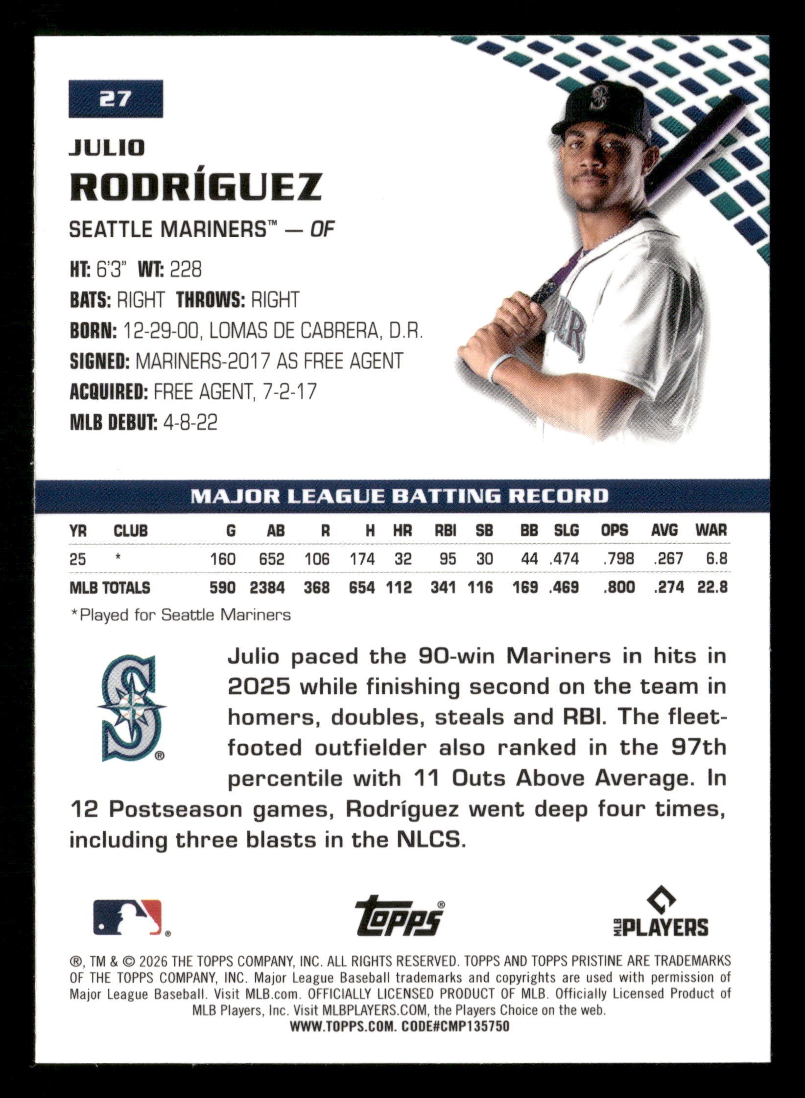 2026 Topps Pristine #27 Julio Rodríguez Green Refractor #/150