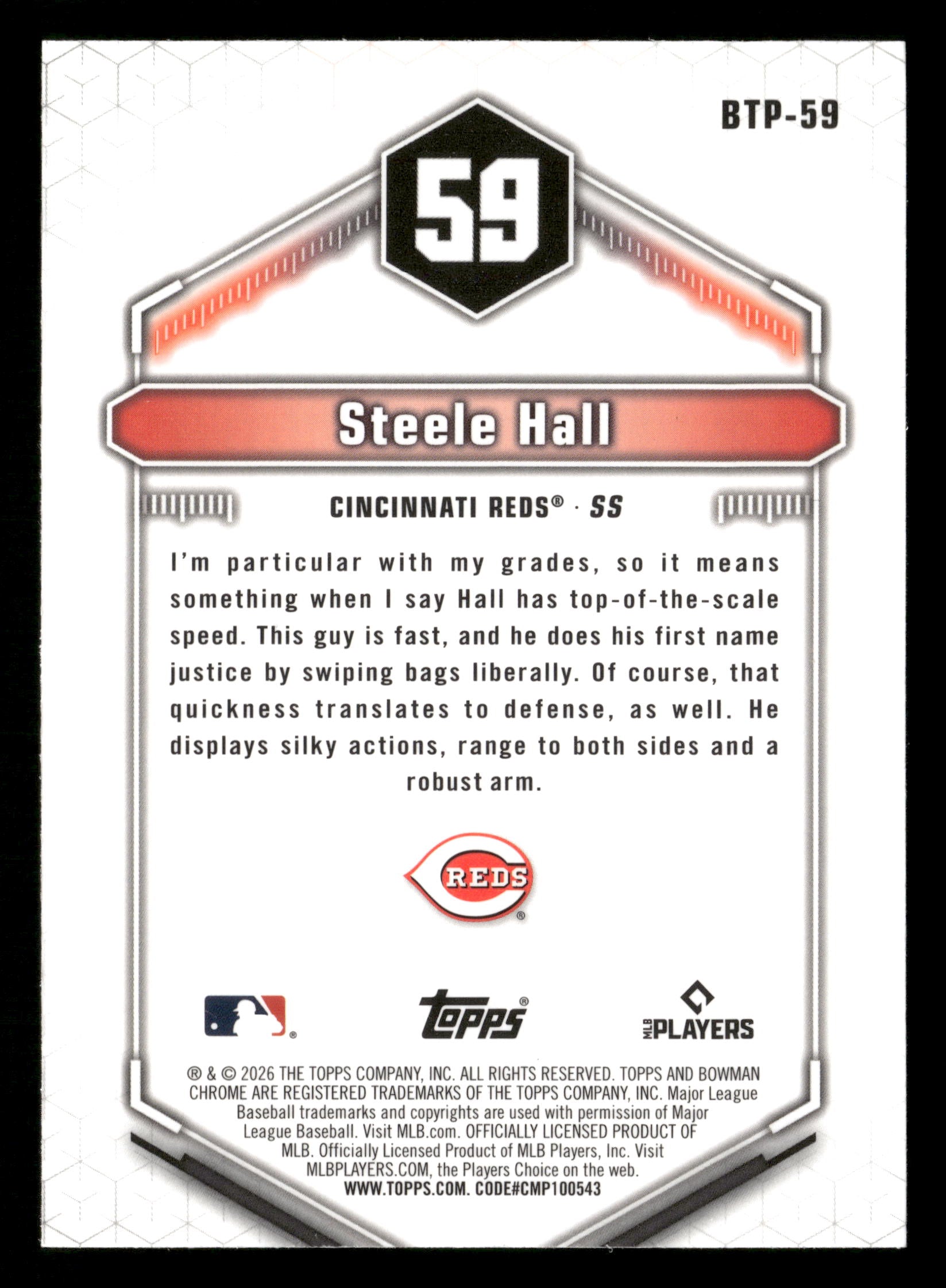 2026 Bowman #BTP-59 Steele Hall Bowman Scouts' Top 100 Green Refractors #/99