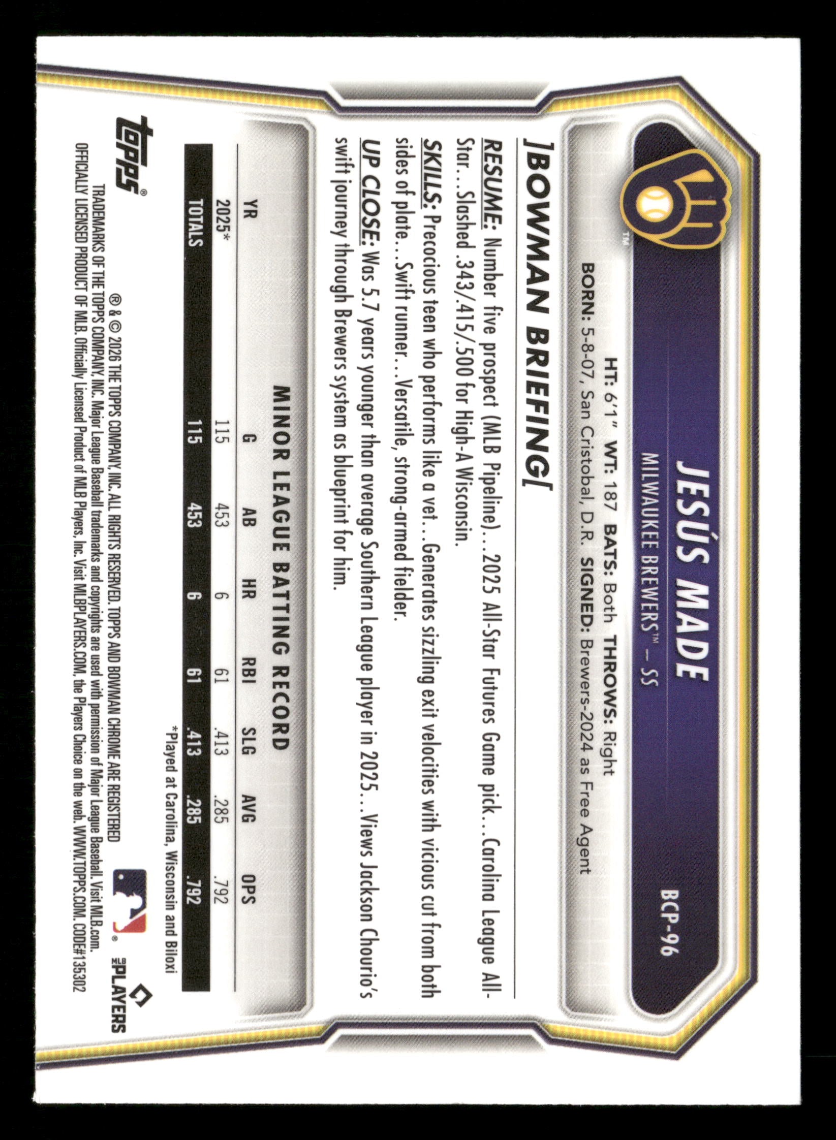2026 Bowman #BCP-96 Jesús Made Chrome Prospects Reptilian Green Refractor #/99