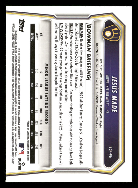 2026 Bowman #BCP-96 Jesús Made Chrome Prospects Reptilian Green Refractor #/99
