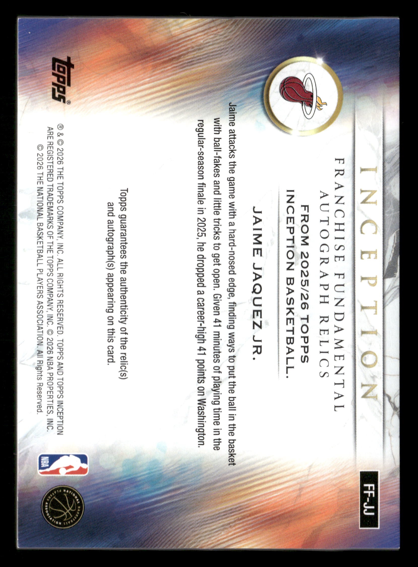 2025-26 Inception #FF-JJ Jaime Jaquez Jr. Franchise Foundational Auto Relic #/50