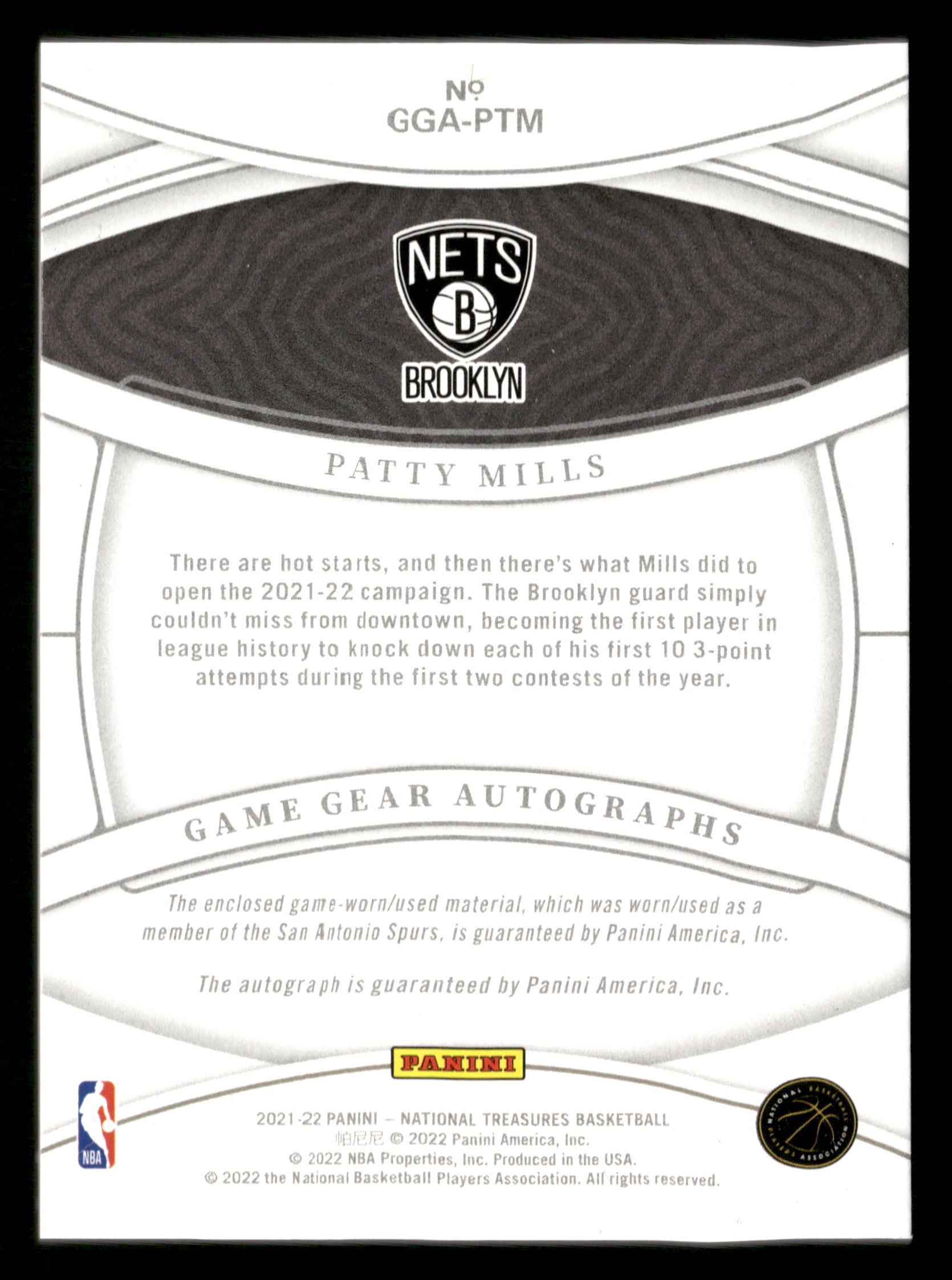 2021-22 Panini National Treasures #GGA-PTM Patty Mills Game Gear Autographs #/99