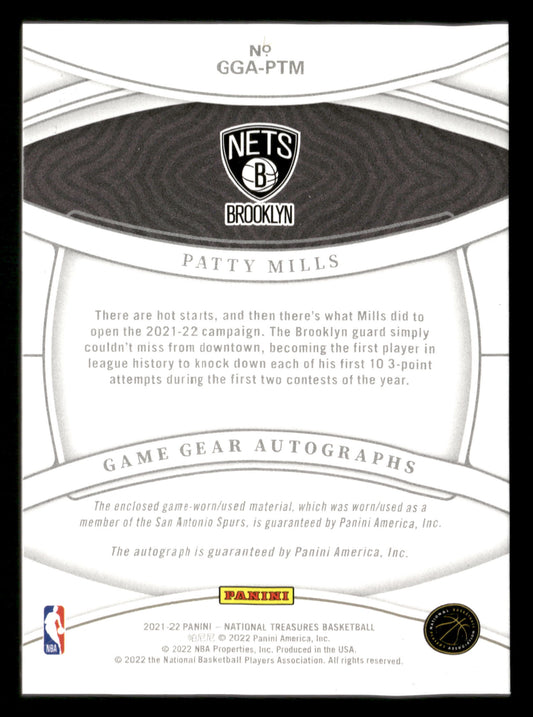 2021-22 Panini National Treasures #GGA-PTM Patty Mills Game Gear Autographs #/99