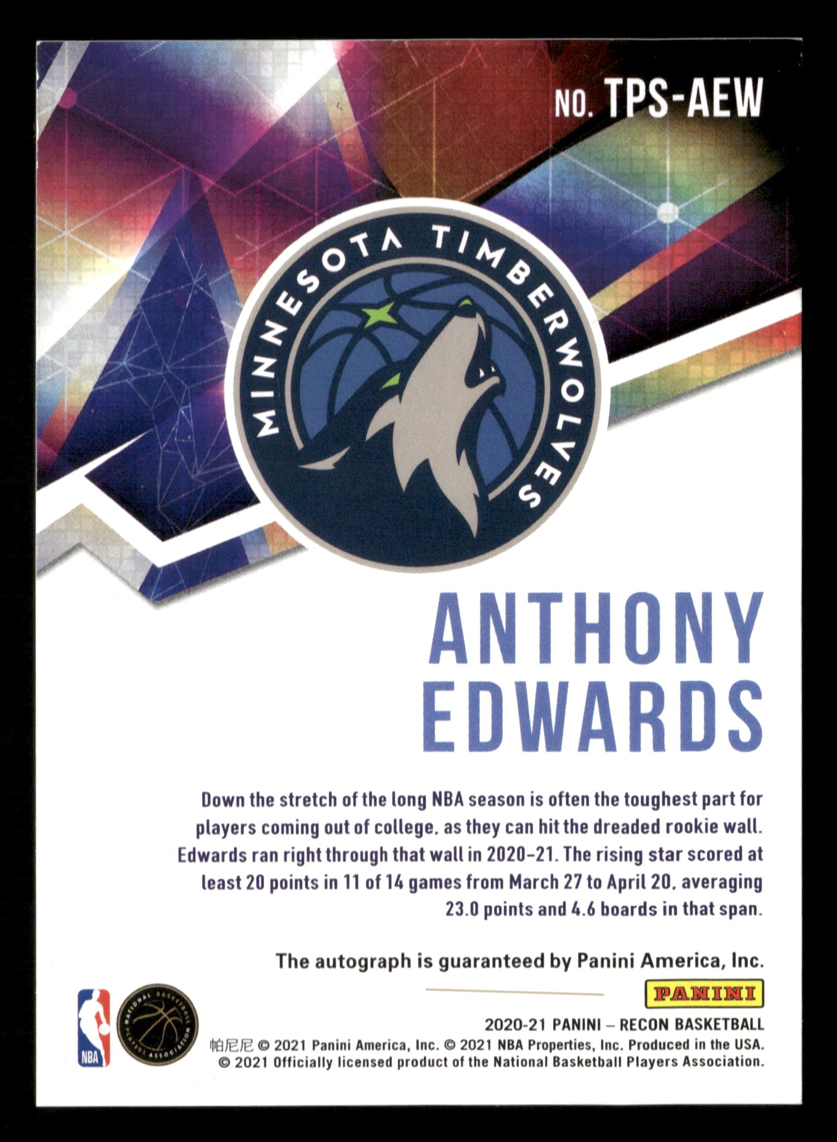 2020-21 Panini Recon #TPS-AEW Anthony Edwards True Potential Signatures