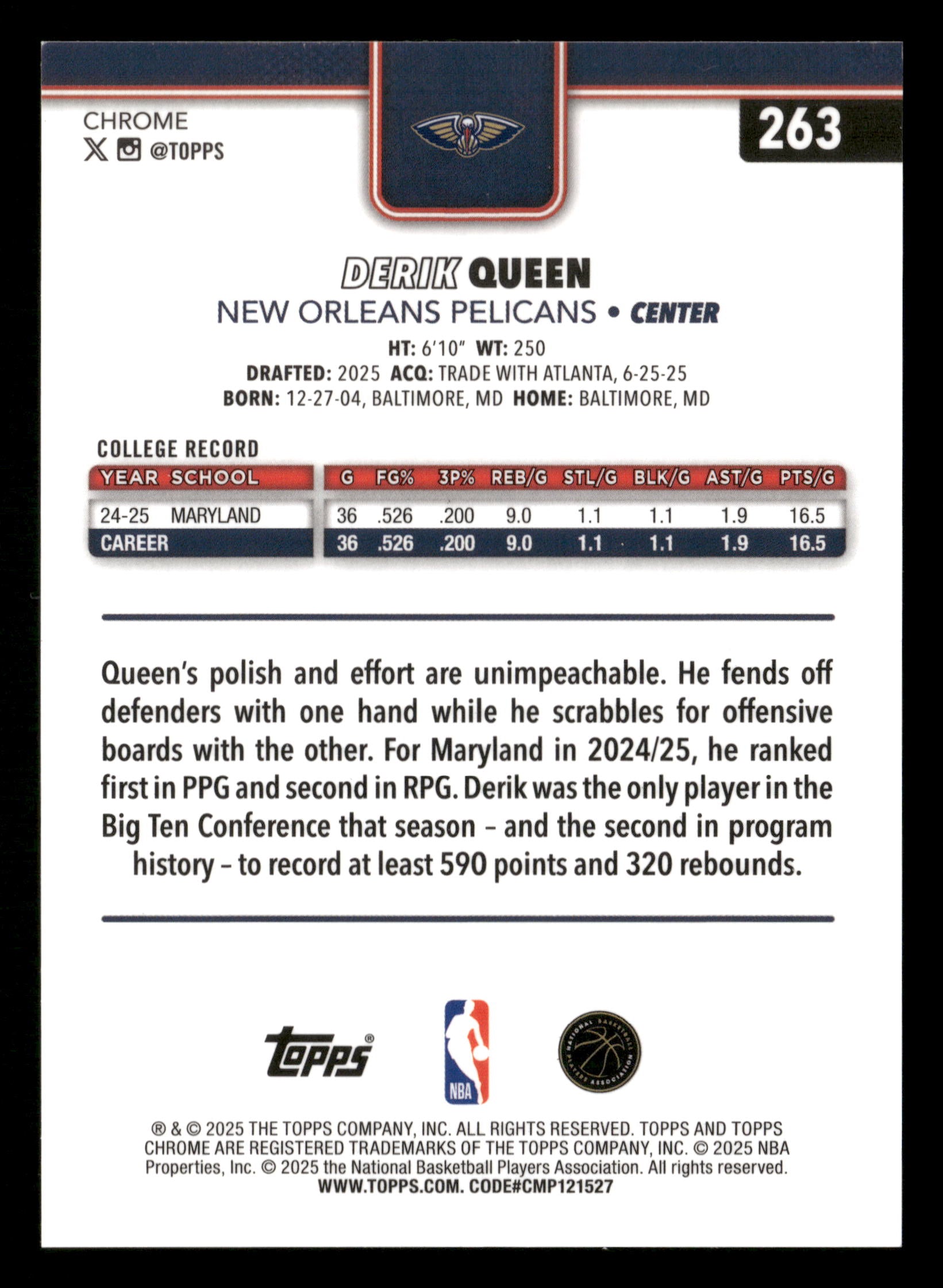 2025-26 Chrome #263 Derik Queen Image Variation Gold Speckle Refractor #/50