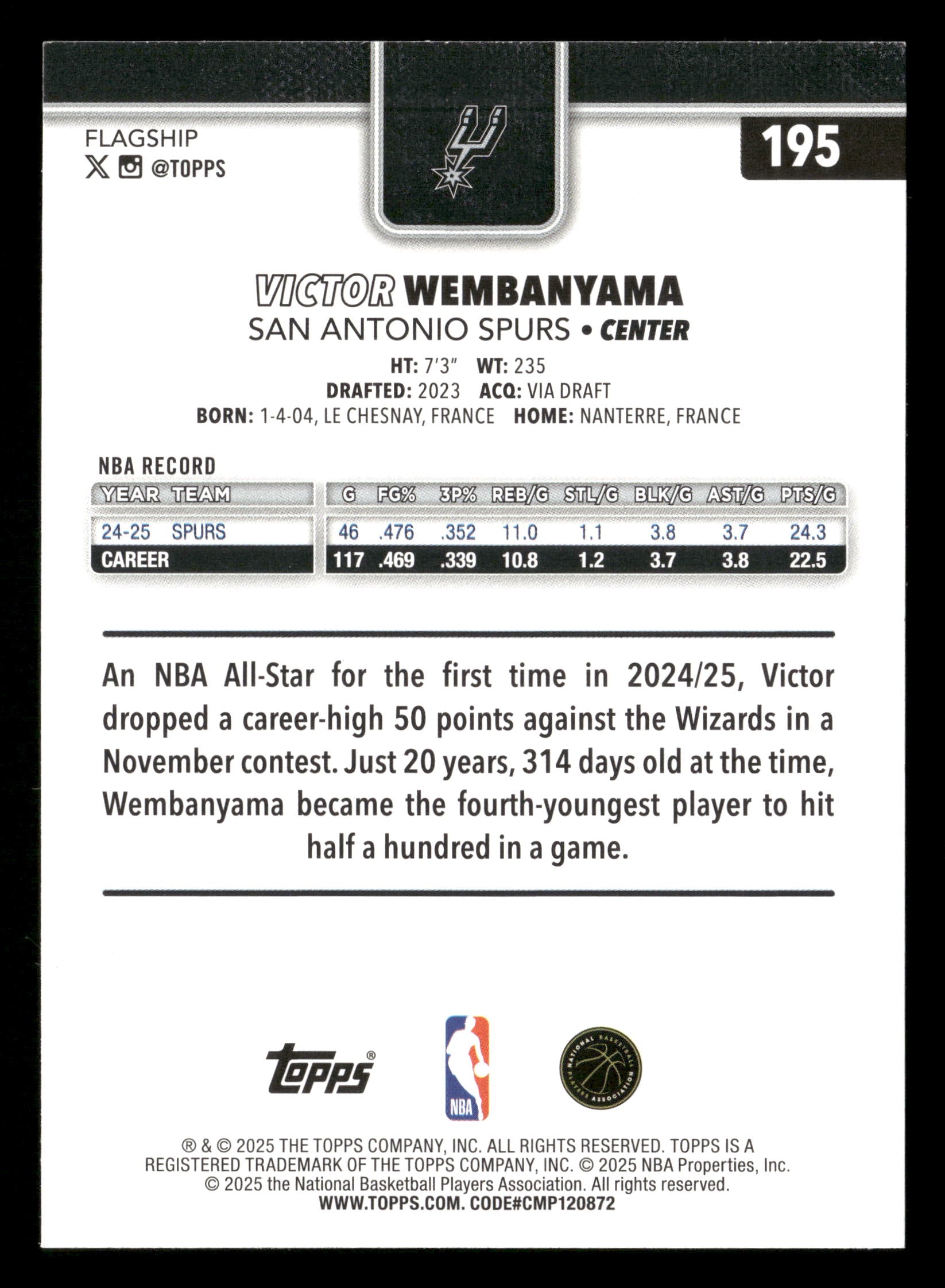 2025-26 Topps #195 Victor Wembanyama Purple Foil #/250