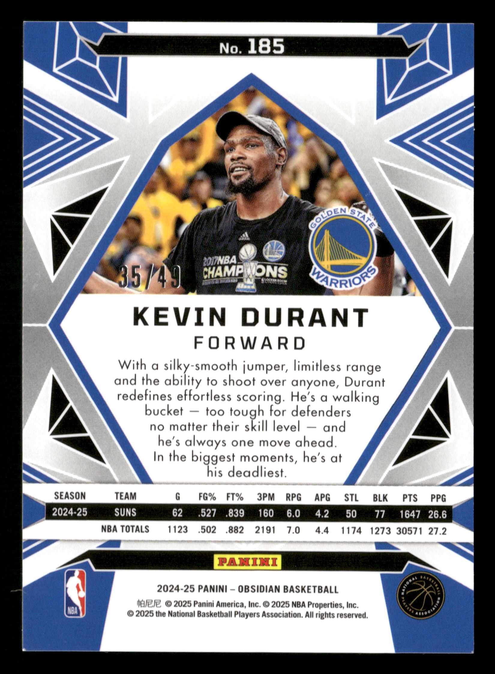 2024-25 Panini Obsidian #185 Kevin Durant Electric Etch Fire and Ice #/49