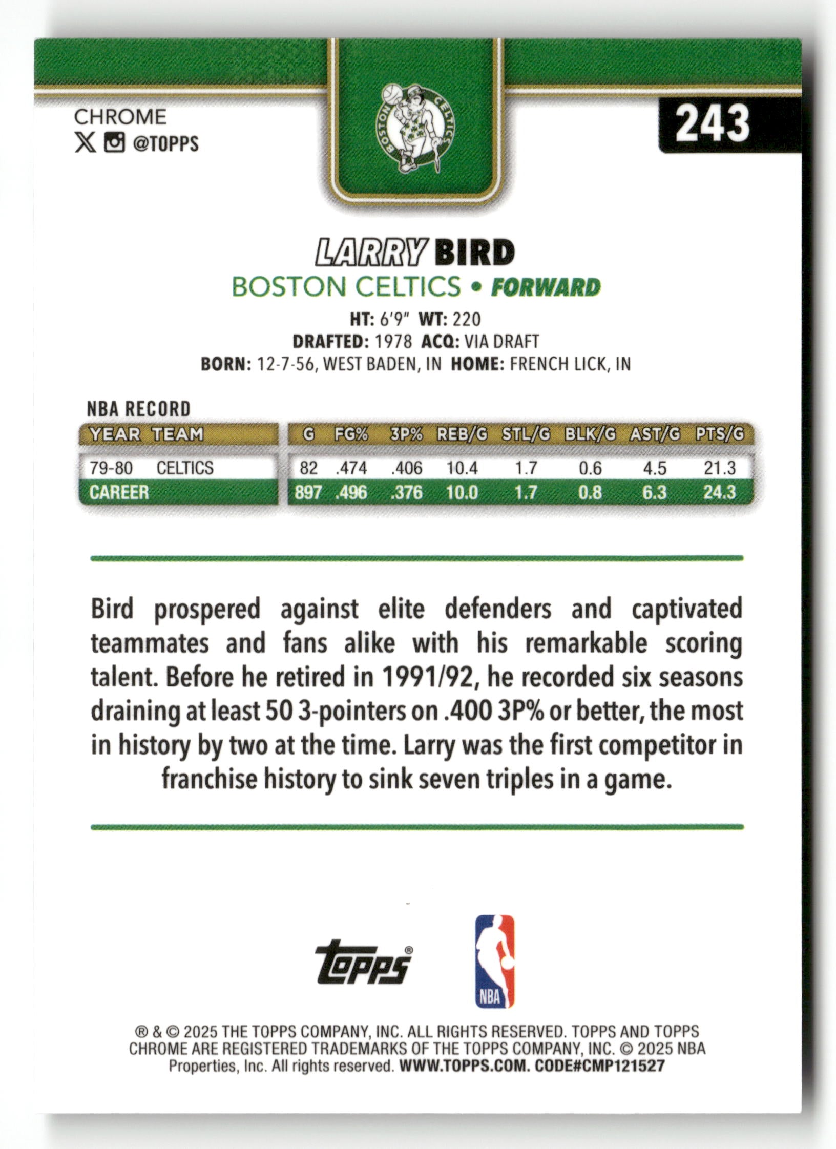 2025-26 Topps Chrome #243 Larry Bird Black Wave Refractor #/10