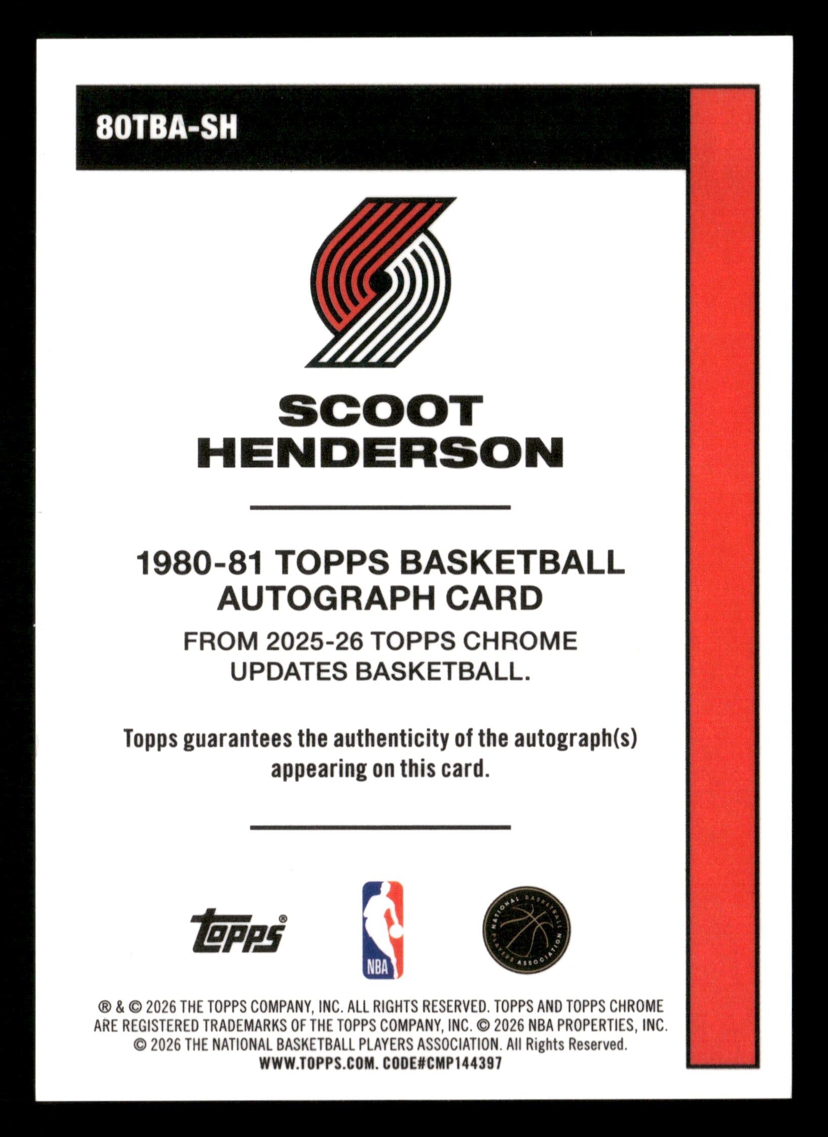 2025-26 Chrome Update #80TBA-SH Scoot Henderson 1980-81 Autograph Orange #/25