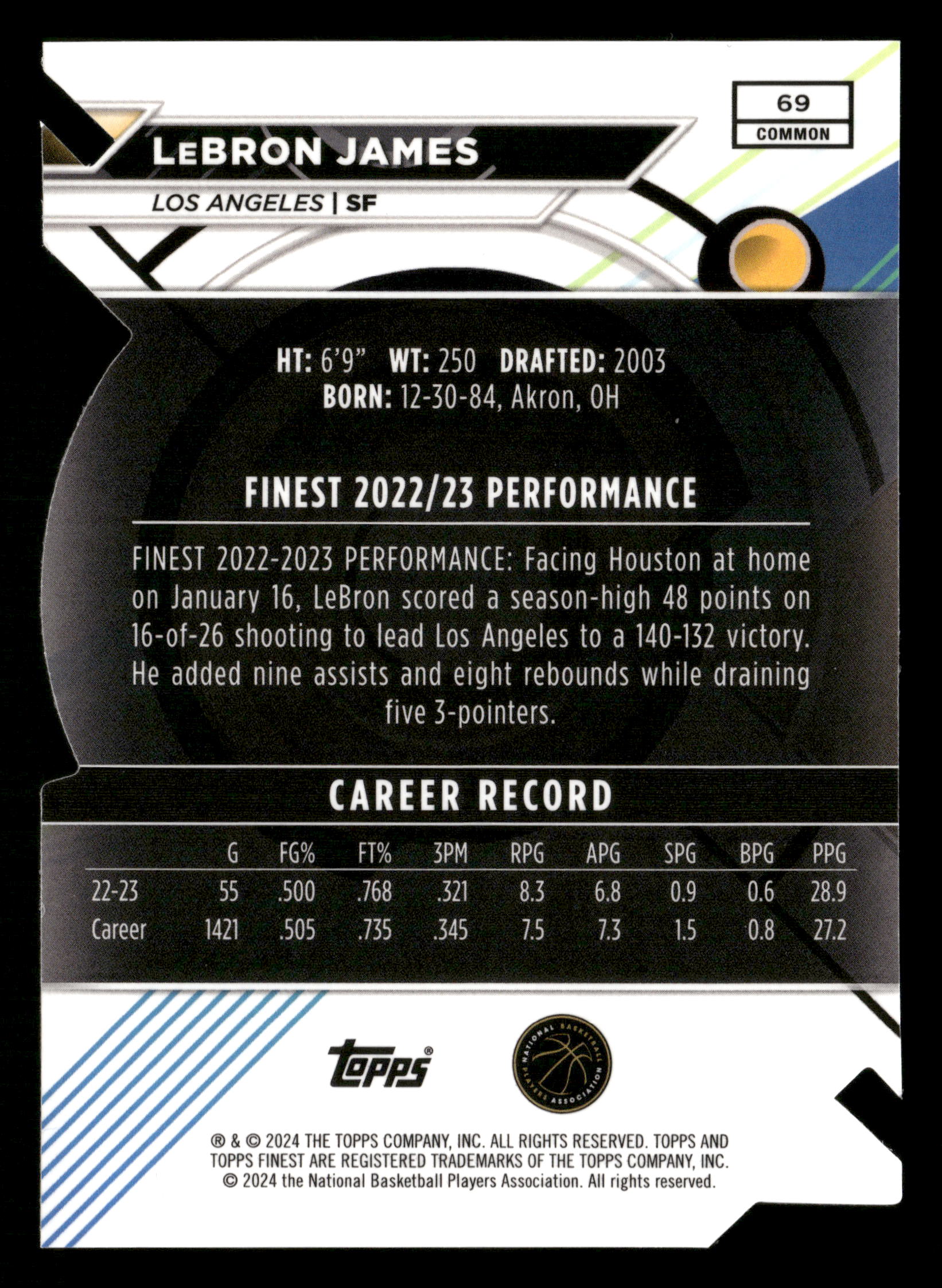 2023-24 Finest #69 LeBron James Refractors Die Cut #/74